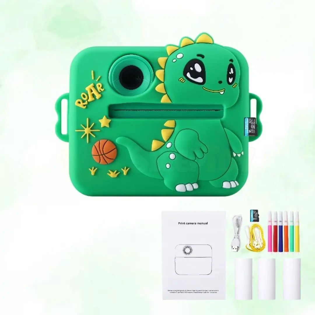 Dinosaur Instant Print Camera 48MP for kids ages 3–10 – instant print camera with HD photo and video, dual selfie lens, and ink-free black & white printing. Encourages creativity, screen-free exploration, and fun memory-making with a safe non-toxic dinosaur design.