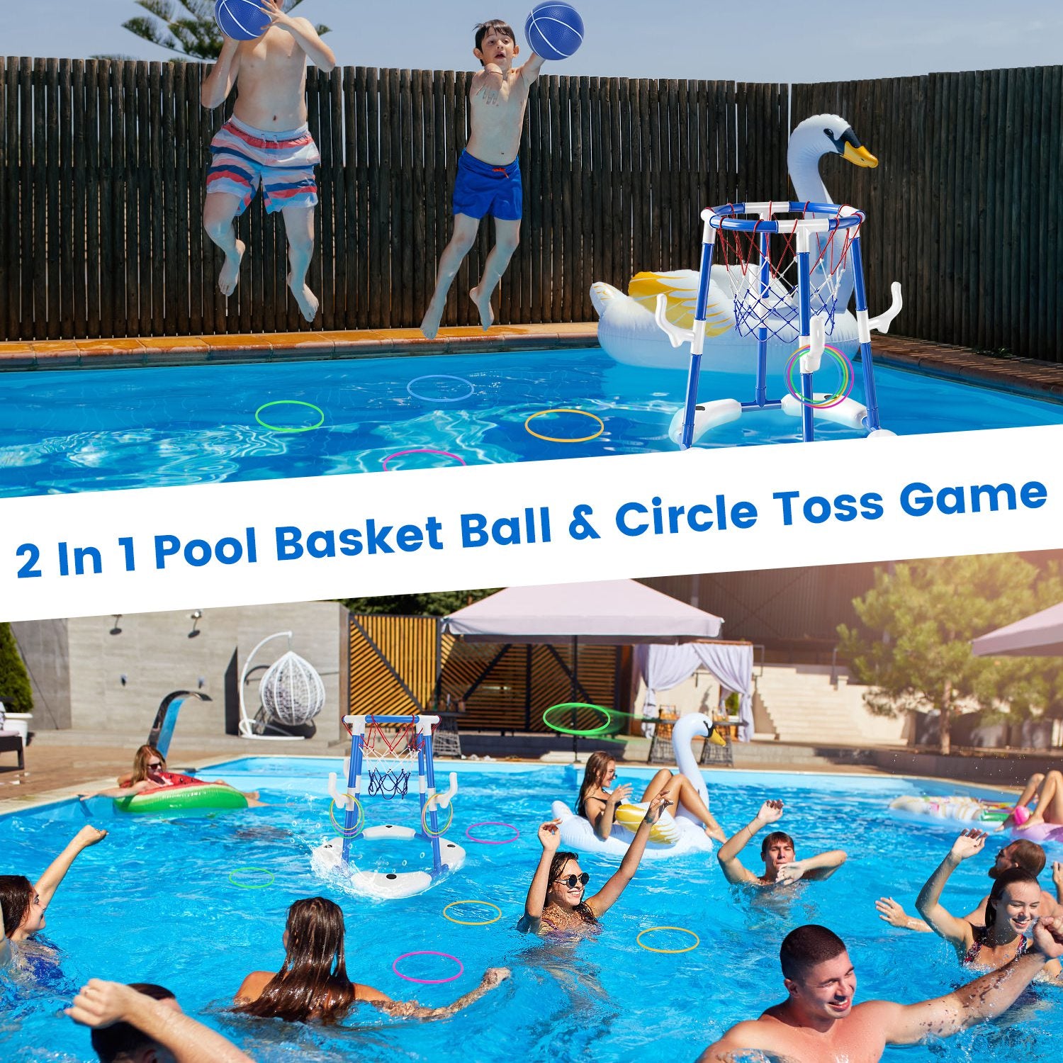 2-in-1 Floating Pool Basketball Hoop & Ring Toss Set