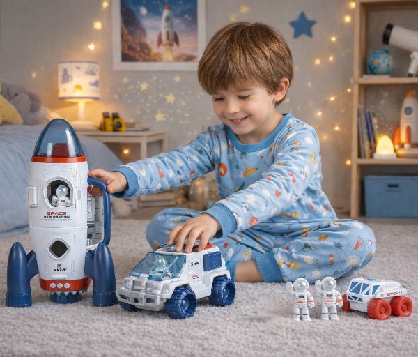 Space Rocket Playset 7 pcs for kids ages 3–10 – interactive space exploration set with rocket, shuttle, astronauts, and scout figures for imaginative missions. Encourages STEM learning, creativity, and screen-free independent play with safe non-toxic durable materials.