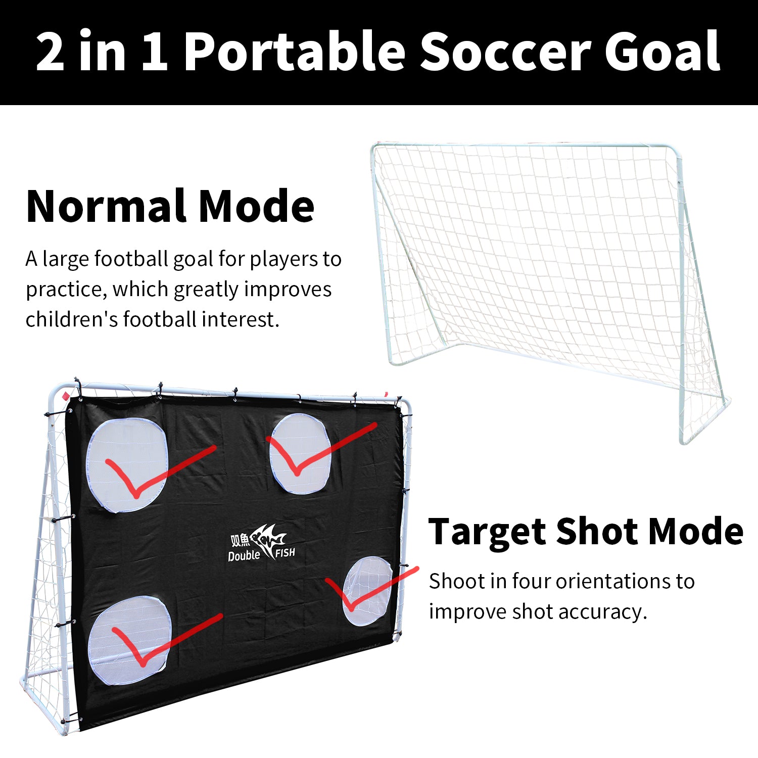 Double Fish 7.5ft x 5ft Professional Soccer Goal with Target Sheet