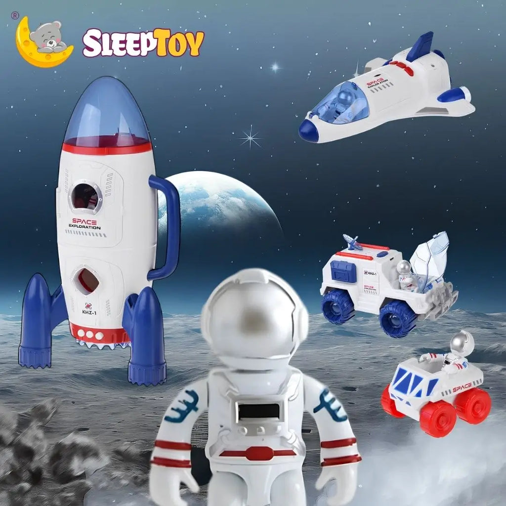 Space Rocket Playset 7 pcs for kids ages 3–10 – interactive space exploration set with rocket, shuttle, astronauts, and scout figures for imaginative missions. Encourages STEM learning, creativity, and screen-free independent play with safe non-toxic durable materials.