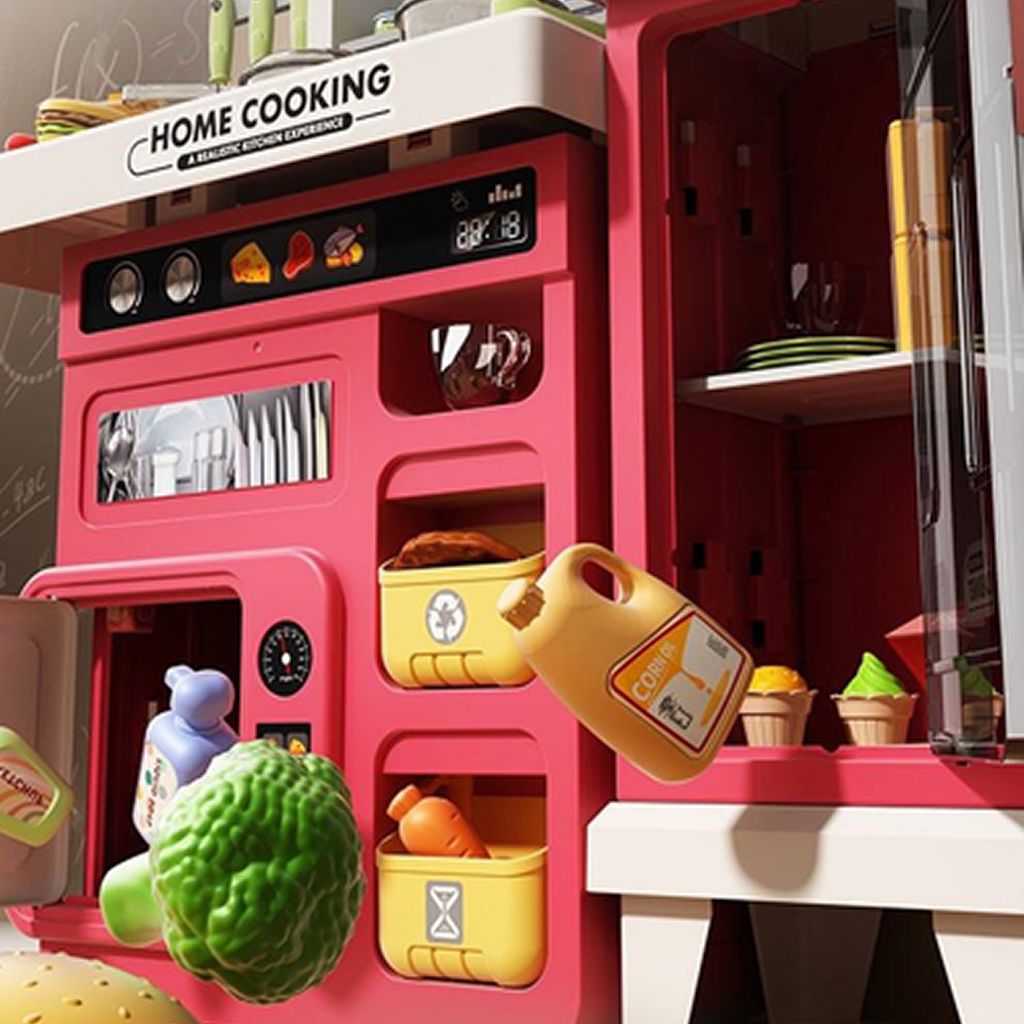 Kids Kitchen Playset 68 pcs – interactive pretend play kitchen with realistic cooking sounds, cookware, utensils, and safe non-toxic materials. Encourages creativity, independence, organization, and hours of screen-free fun for kids.