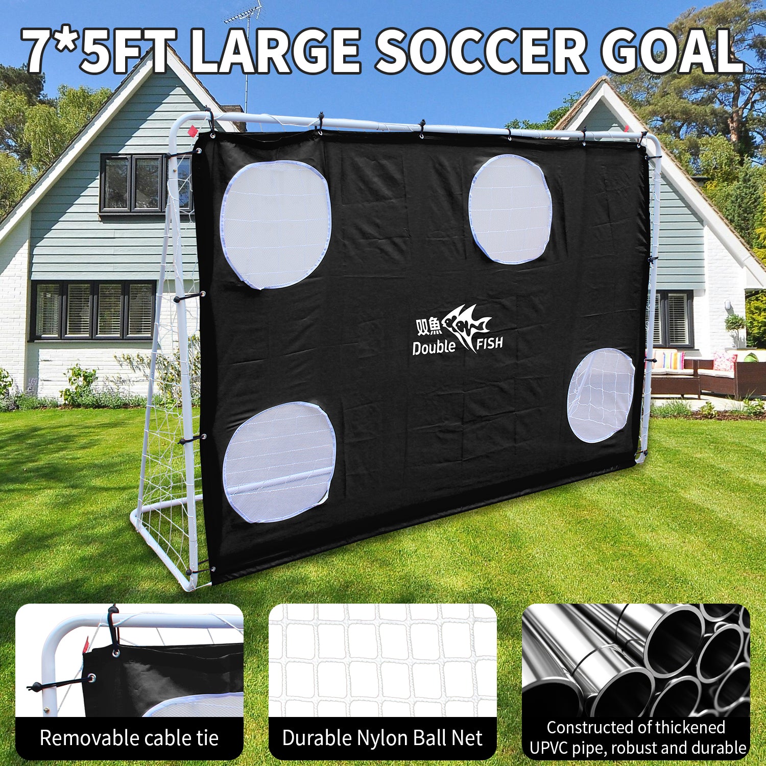 Double Fish 7.5ft x 5ft Professional Soccer Goal with Target Sheet