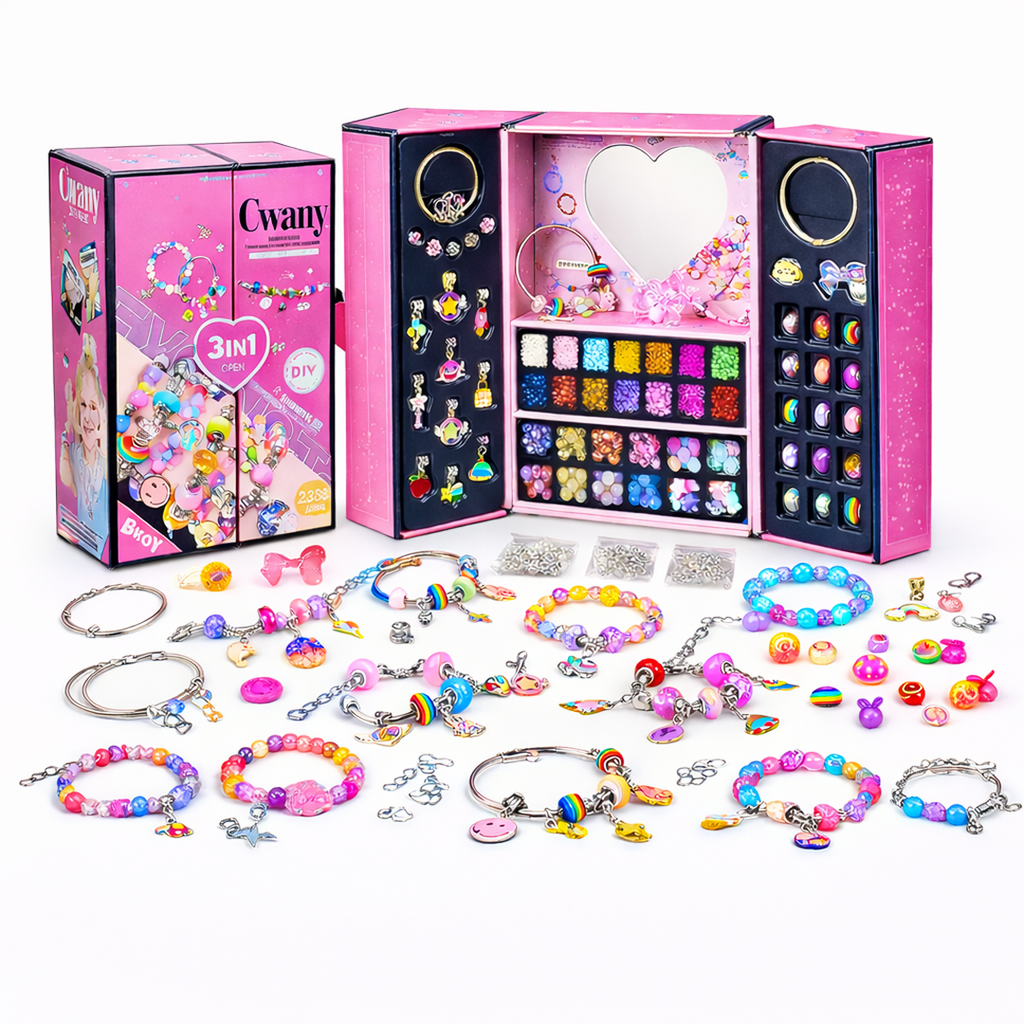 DIY Jewelry Kit 104 pcs for kids ages 6–10 – creative jewelry making set with beads, charms, and a heart mirror for designing unique wearable accessories. Encourages creativity, focus, fine motor skills, and screen-free independent play with safe non-toxic materials.