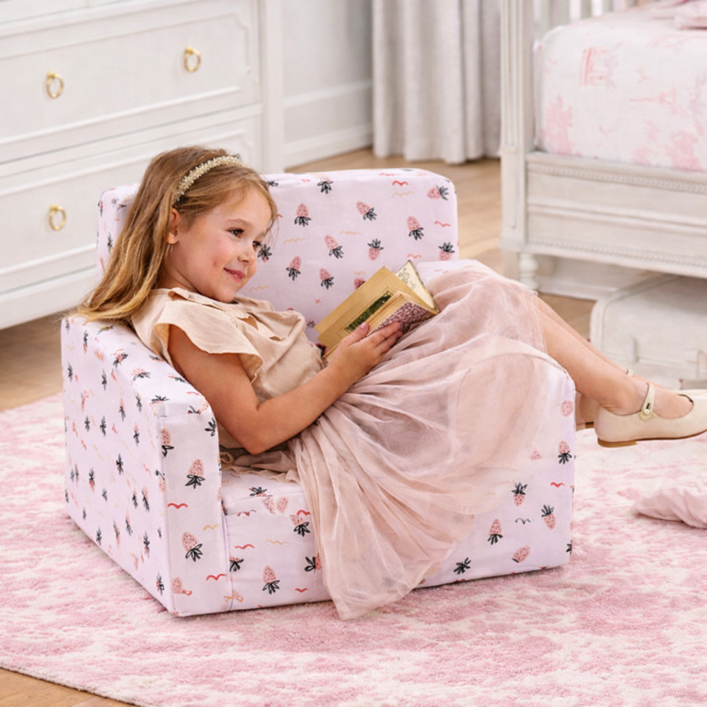 Toddler Chair & Sofa 2-in-1 for kids ages 3–10 – soft convertible armchair that transforms into a cozy bed with a fun strawberry design. Includes storage pocket and washable cover for easy care, encouraging comfort, independence, and screen-free relaxation with safe non-toxic materials.