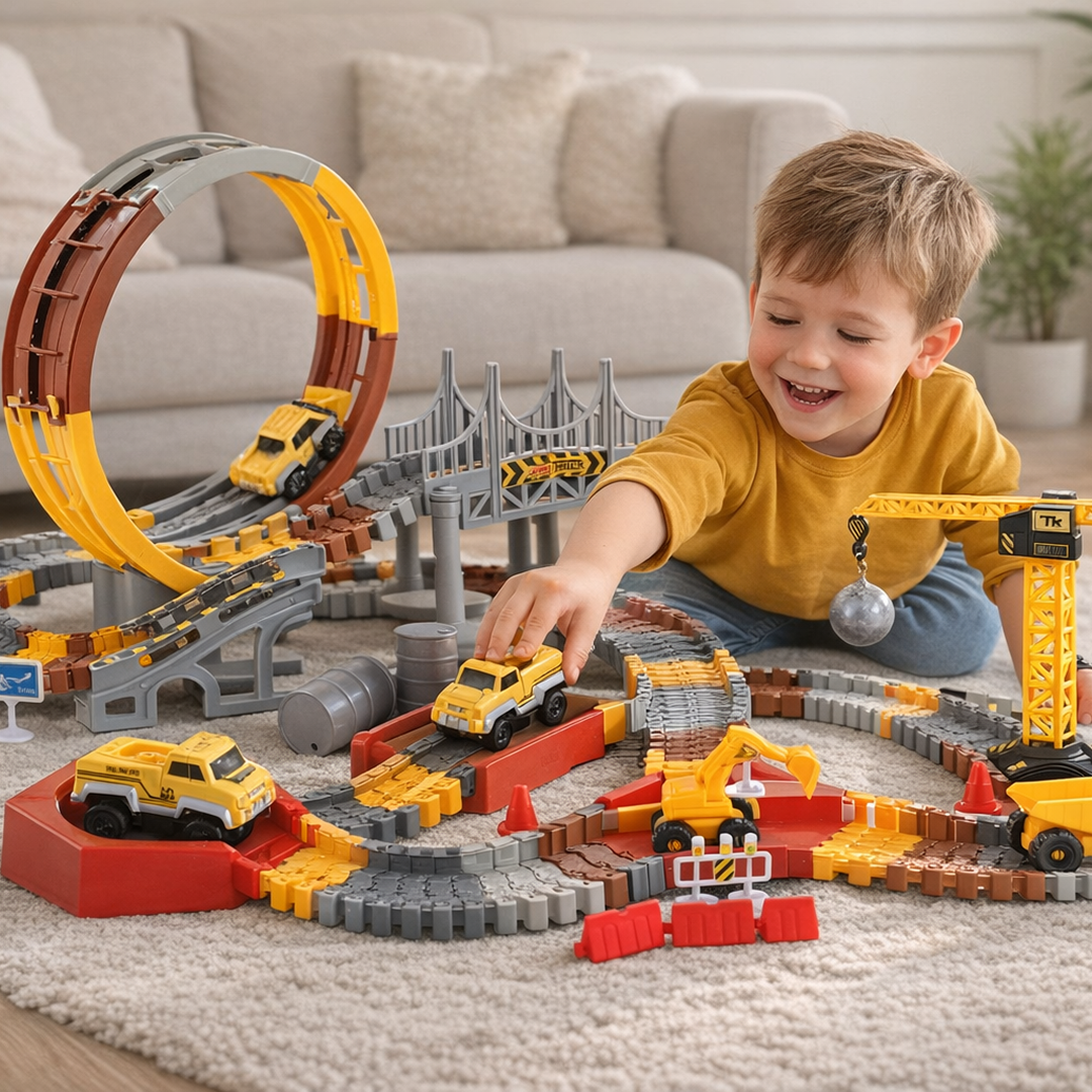 Race Track Set 144 pcs for kids ages 3–10 – large engineering playset with flexible track pieces, bridge, lift, motorized racing car, and construction vehicles for immersive role-play. Encourages STEM learning, spatial thinking, problem-solving, and screen-free independent play with safe non-toxic materials.