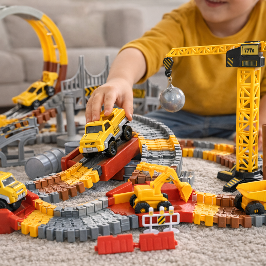 Race Track Set 144 pcs for kids ages 3–10 – large engineering playset with flexible track pieces, bridge, lift, motorized racing car, and construction vehicles for immersive role-play. Encourages STEM learning, spatial thinking, problem-solving, and screen-free independent play with safe non-toxic materials.