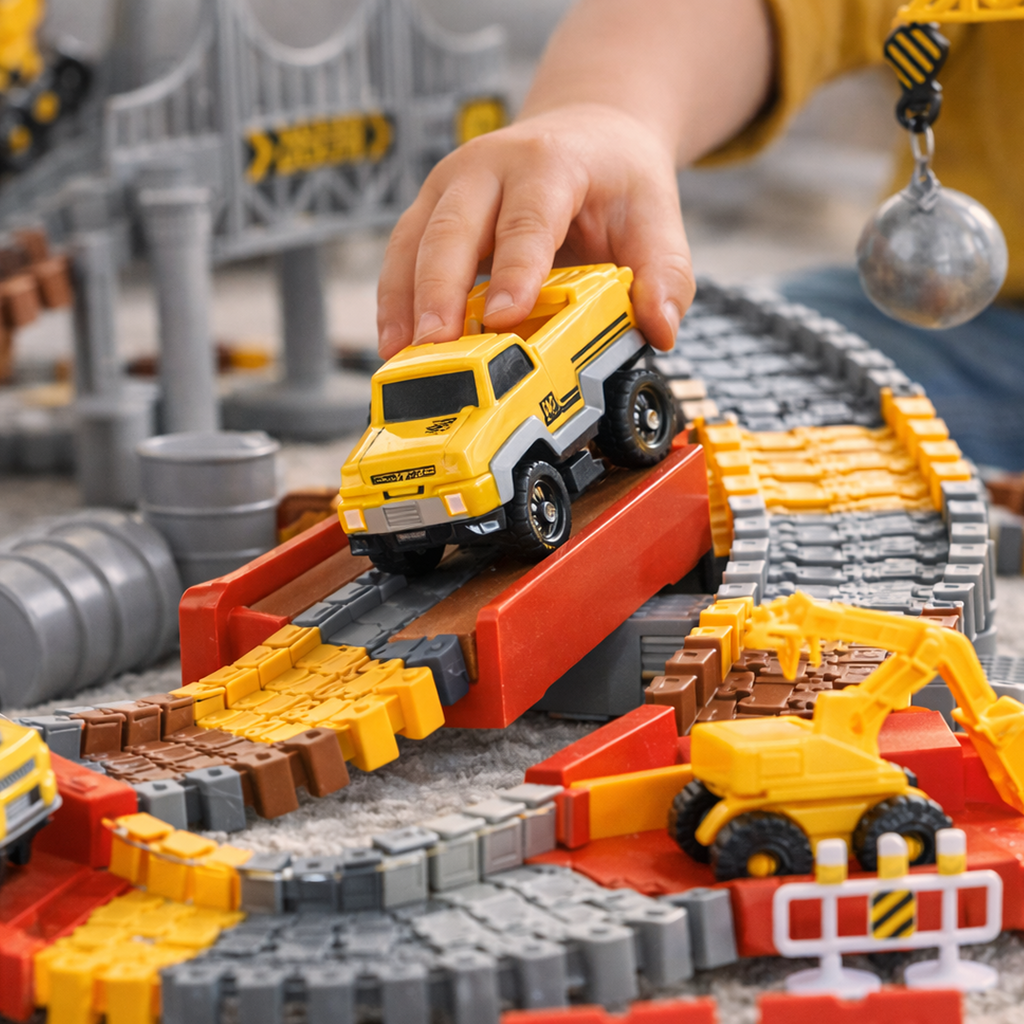 Race Track Set 144 pcs for kids ages 3–10 – large engineering playset with flexible track pieces, bridge, lift, motorized racing car, and construction vehicles for immersive role-play. Encourages STEM learning, spatial thinking, problem-solving, and screen-free independent play with safe non-toxic materials.