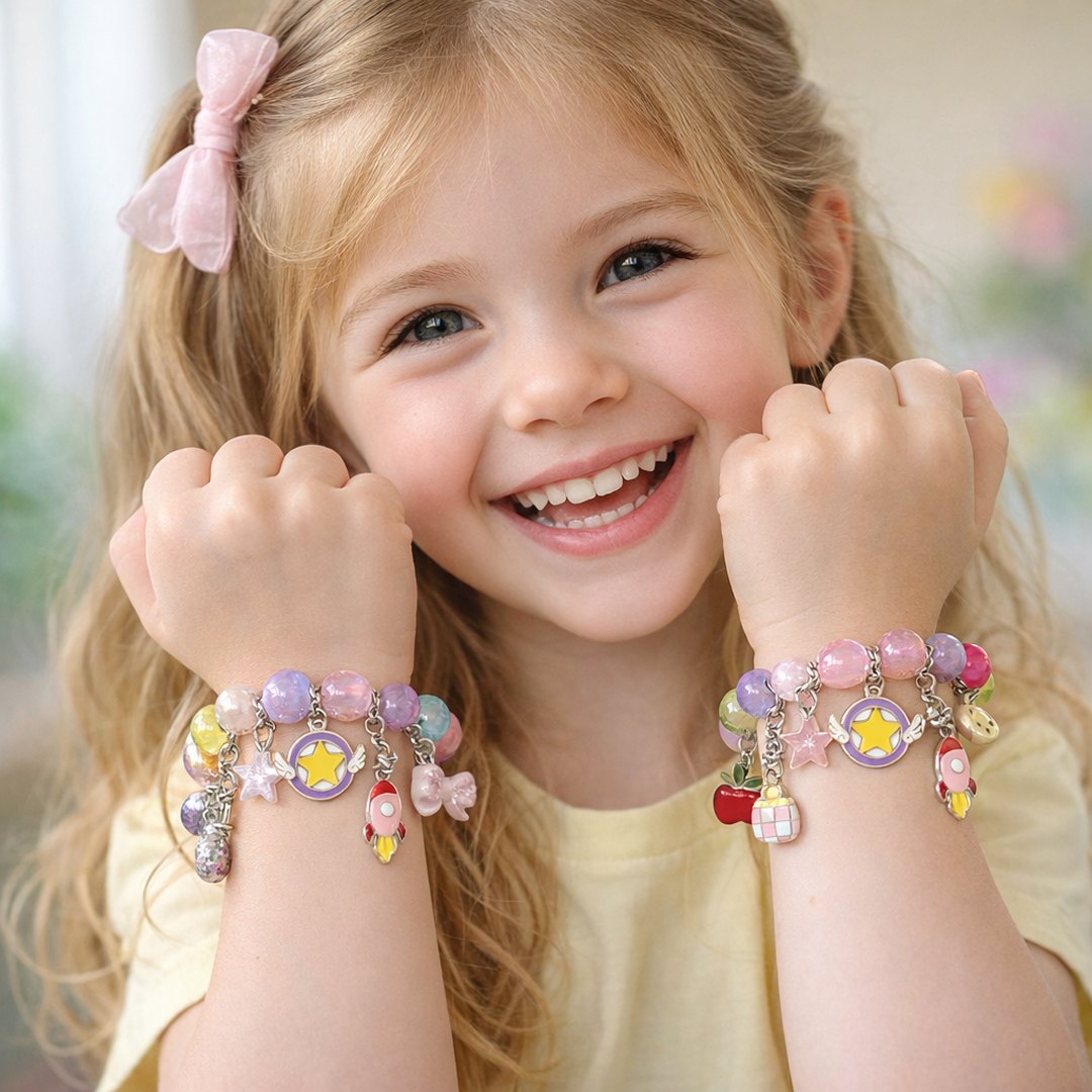 DIY Jewelry Kit 104 pcs for kids ages 6–10 – creative jewelry making set with beads, charms, and a heart mirror for designing unique wearable accessories. Encourages creativity, focus, fine motor skills, and screen-free independent play with safe non-toxic materials.