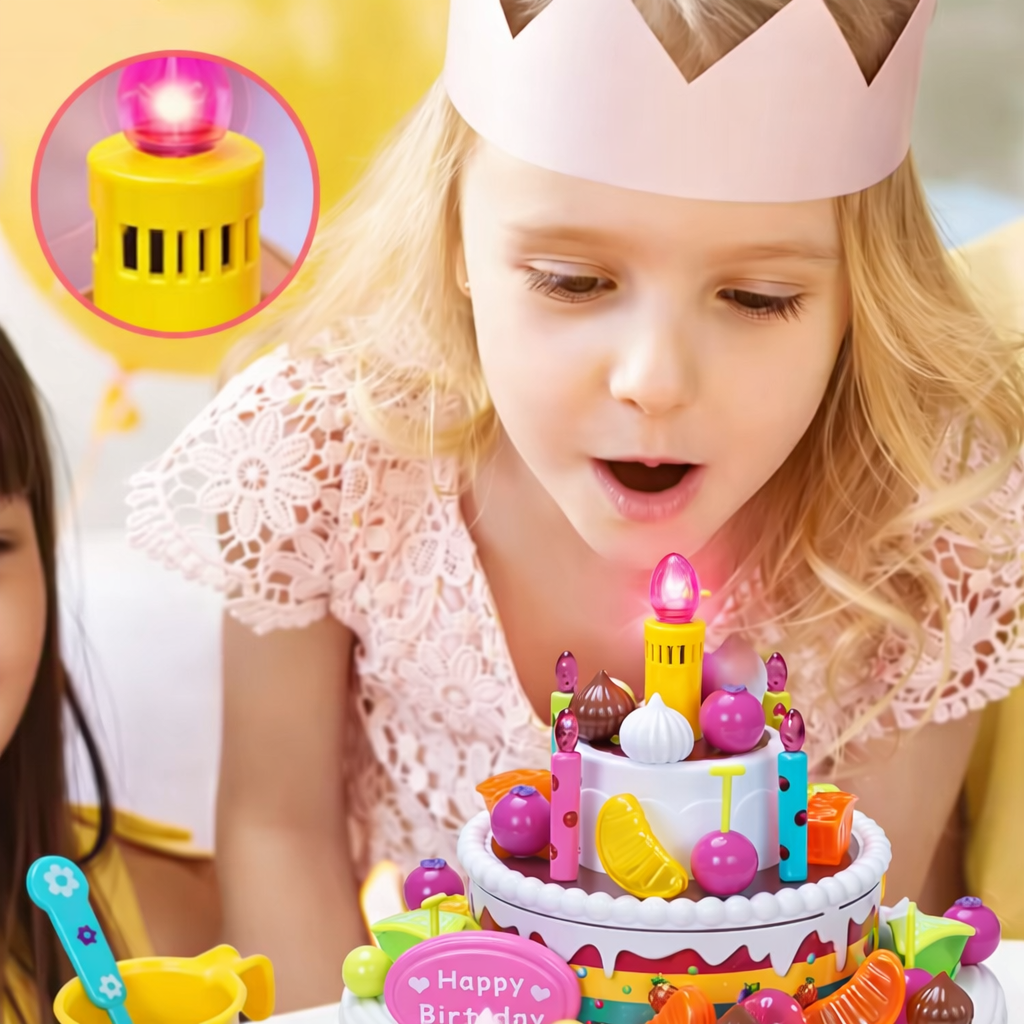 Birthday Cake Toy 2 pcs for kids ages 3–10 – interactive pretend cake set with LED candles, music, and sound effects for fun role-play celebrations. Encourages creativity, social skills, coordination, and screen-free imaginative play with safe non-toxic materials.