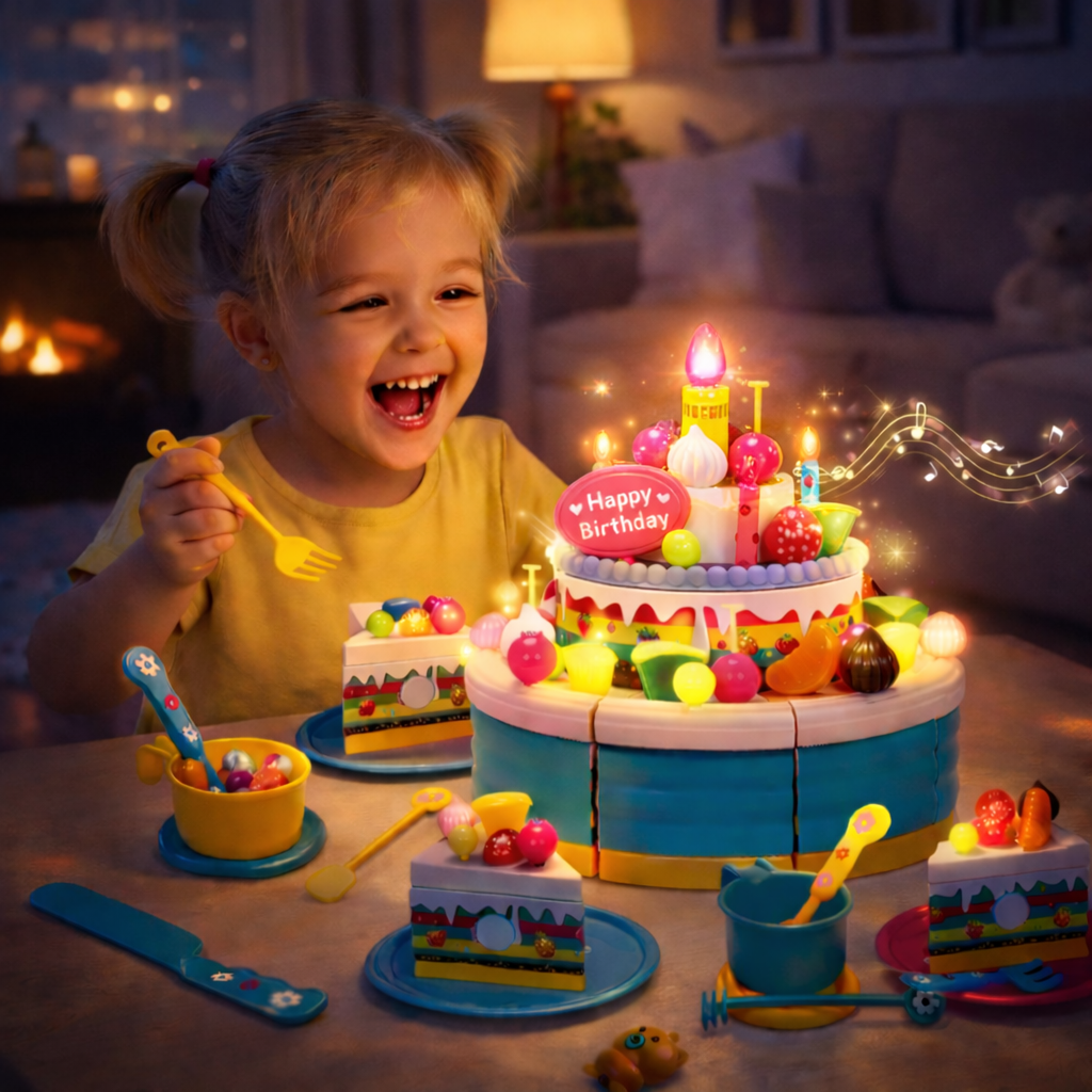 Birthday Cake Toy 2 pcs for kids ages 3–10 – interactive pretend cake set with LED candles, music, and sound effects for fun role-play celebrations. Encourages creativity, social skills, coordination, and screen-free imaginative play with safe non-toxic materials.