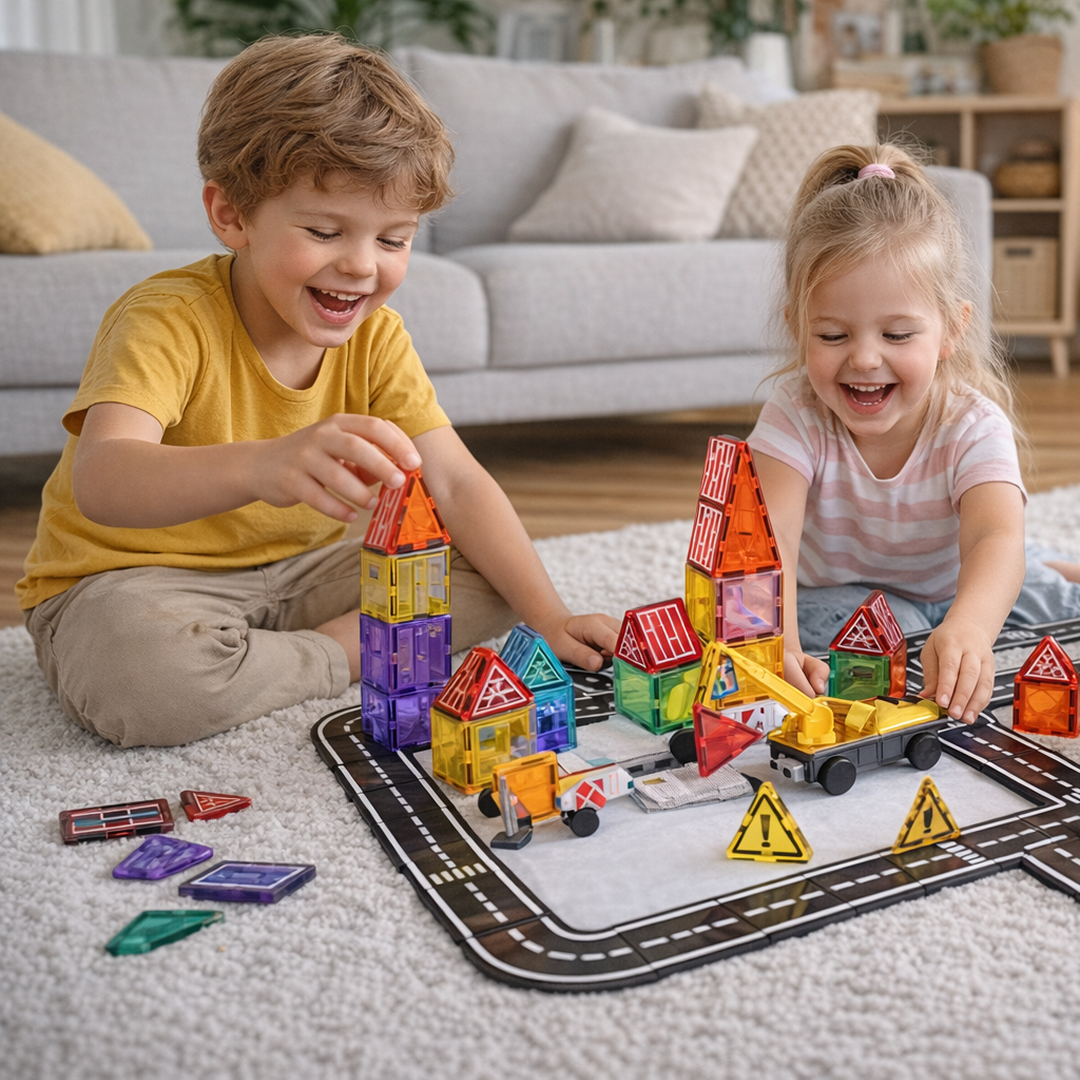 STEM Magnetic Race Track Set 70 pcs for kids ages 3–10 – magnetic building set for creating race tracks, vehicles, and town structures with snap-together blocks. Encourages STEM learning, spatial thinking, fine motor skills, and screen-free focused play with safe non-toxic materials