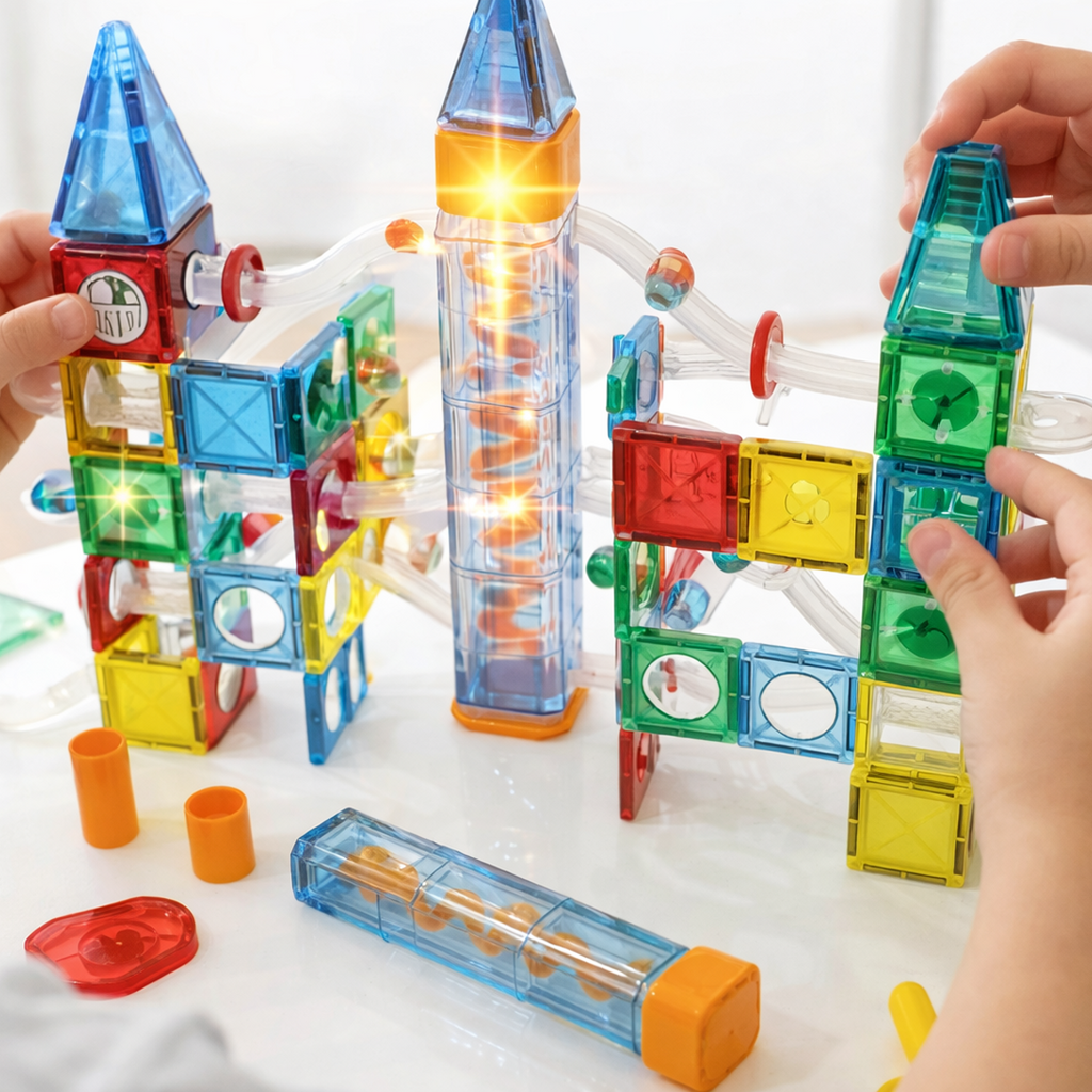 Glow STEM Magnetic Tiles 190 pcs for kids ages 3–10 – large glowing magnetic building set with transparent tubes and light elements for creating castles, towers, and cities. Encourages STEM learning, spatial reasoning, creativity, and screen-free independent play with safe non-toxic materials.