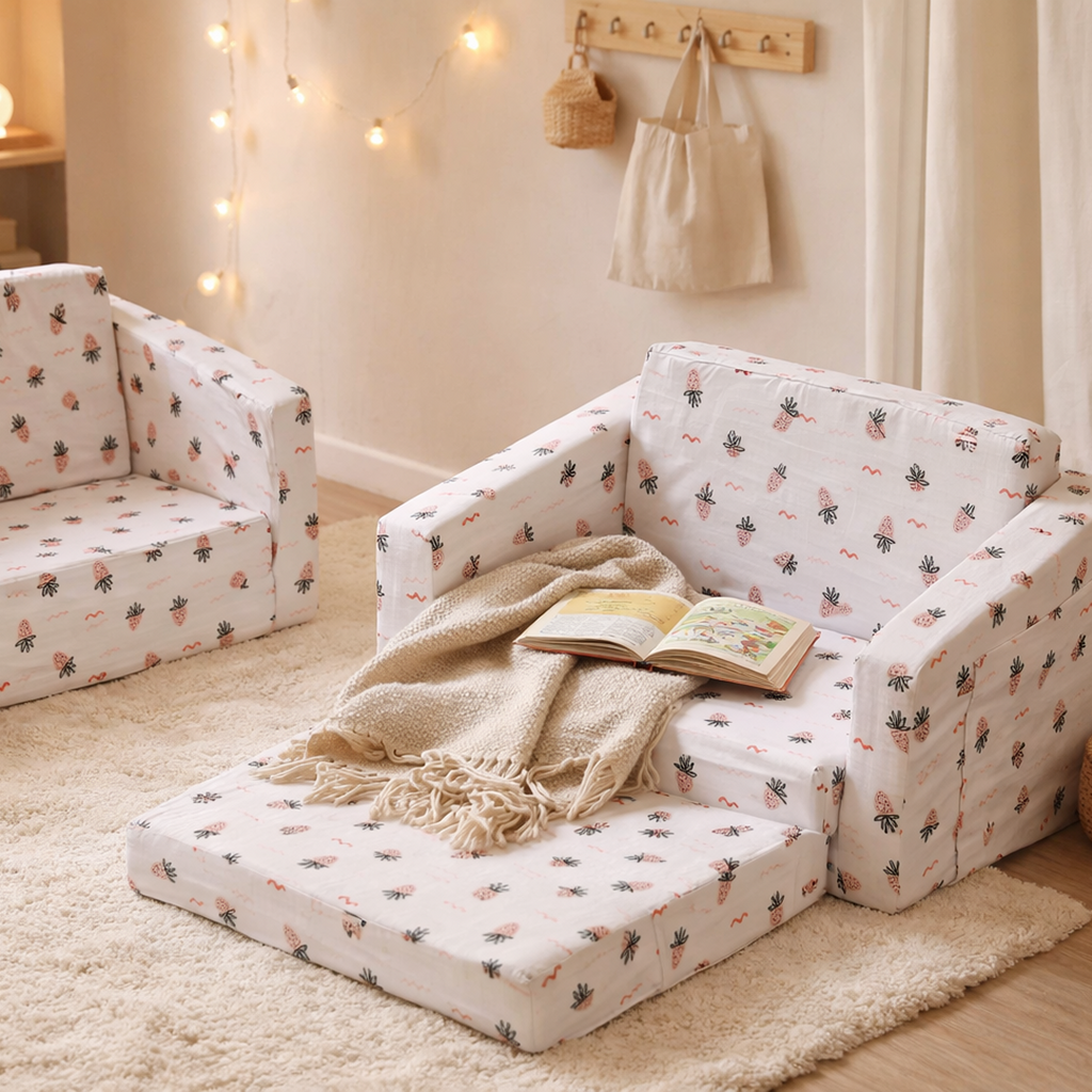 Toddler Chair & Sofa 2-in-1 for kids ages 3–10 – soft convertible armchair that transforms into a cozy bed with a fun strawberry design. Includes storage pocket and washable cover for easy care, encouraging comfort, independence, and screen-free relaxation with safe non-toxic materials.