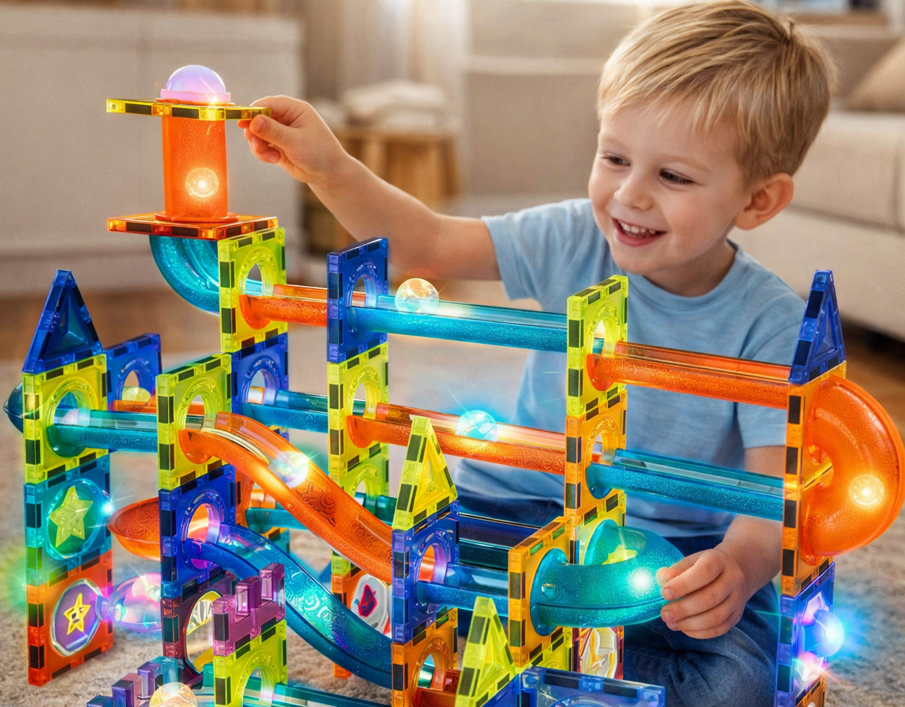 Glow STEM Magnetic Tiles 110 pcs for kids ages 3–10 – glowing magnetic marble run set with backlit tracks and transparent pieces for building dynamic structures. Encourages STEM learning, physics understanding, spatial thinking, and screen-free focused play with safe non-toxic materials.