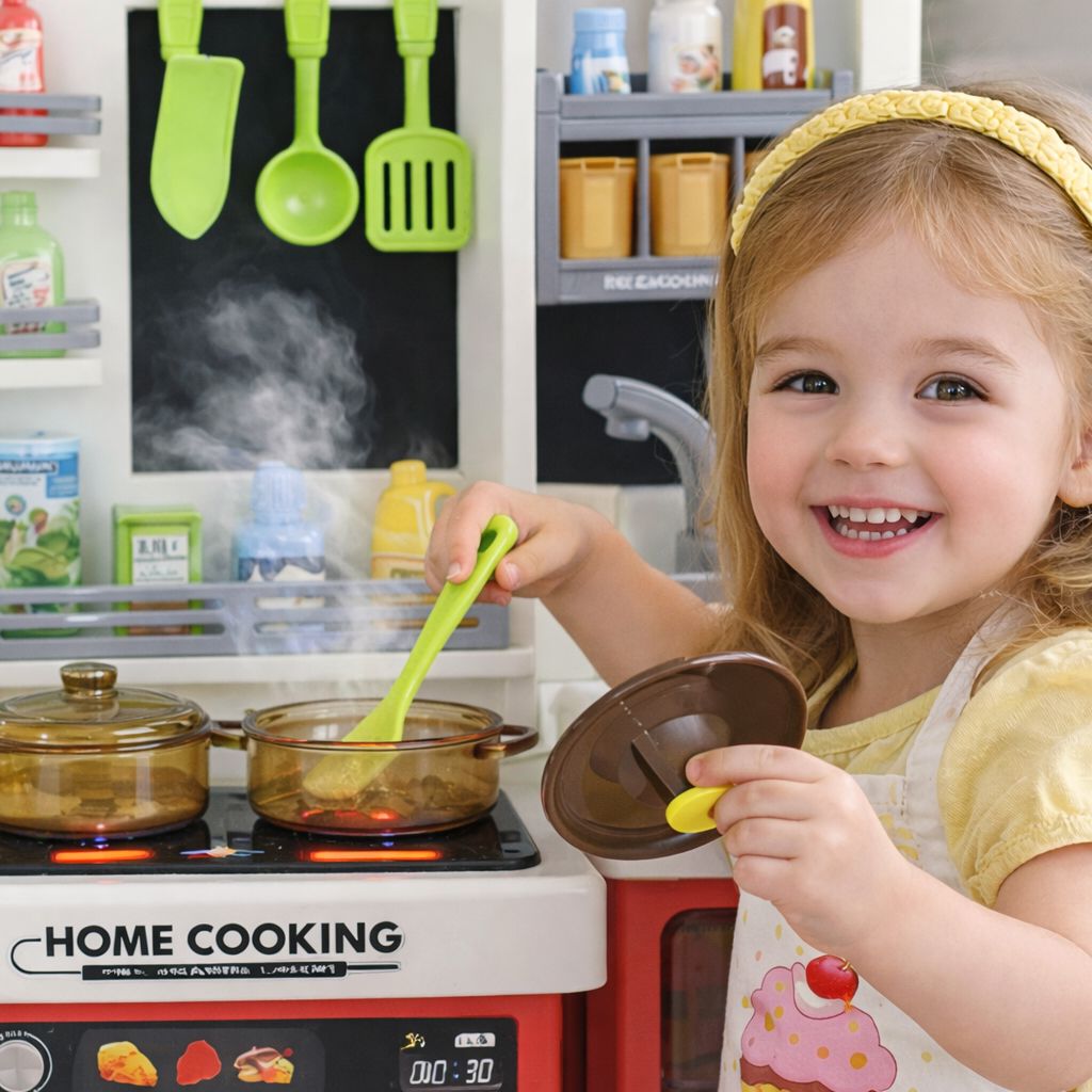 Kids Kitchen Playset 68 pcs – interactive pretend play kitchen with realistic cooking sounds, cookware, utensils, and safe non-toxic materials. Encourages creativity, independence, organization, and hours of screen-free fun for kids.
