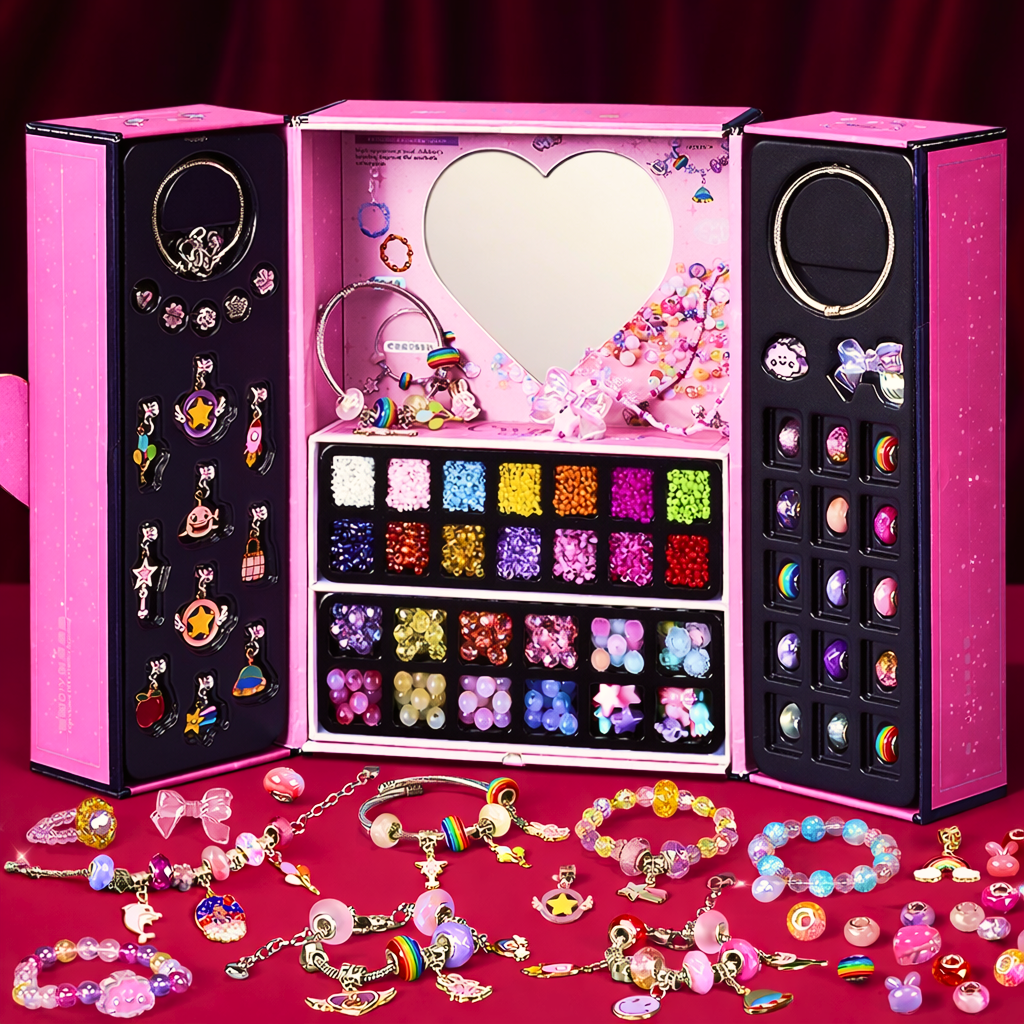 DIY Jewelry Kit 104 pcs for kids ages 6–10 – creative jewelry making set with beads, charms, and a heart mirror for designing unique wearable accessories. Encourages creativity, focus, fine motor skills, and screen-free independent play with safe non-toxic materials.