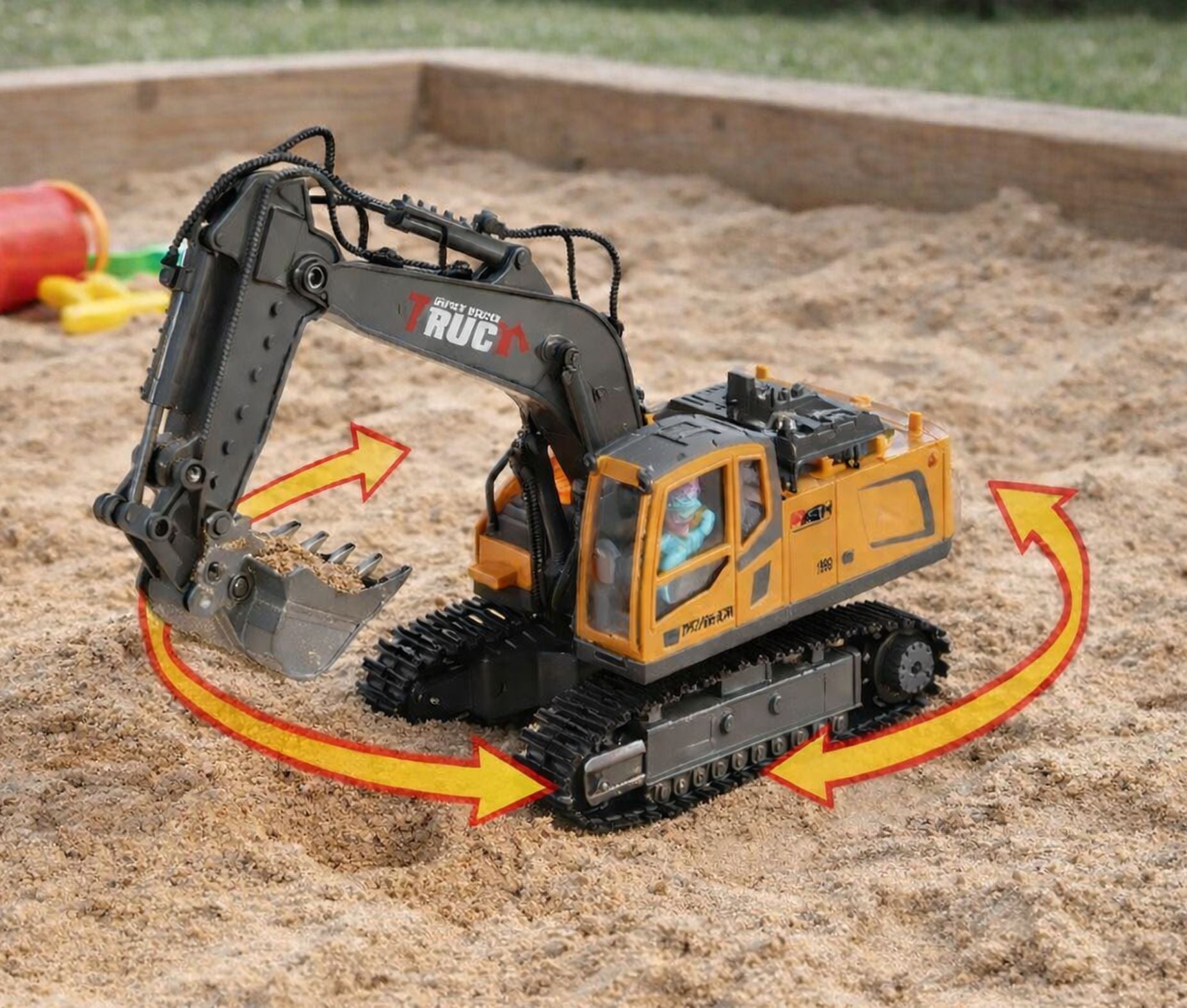 RC Digger Excavator 1:20 for kids ages 3–10 – realistic remote control excavator with 15-channel control, 680° rotating cab, lights, steam effects, and durable metal bucket. Encourages motor skills, creativity, and hours of screen-free construction play.