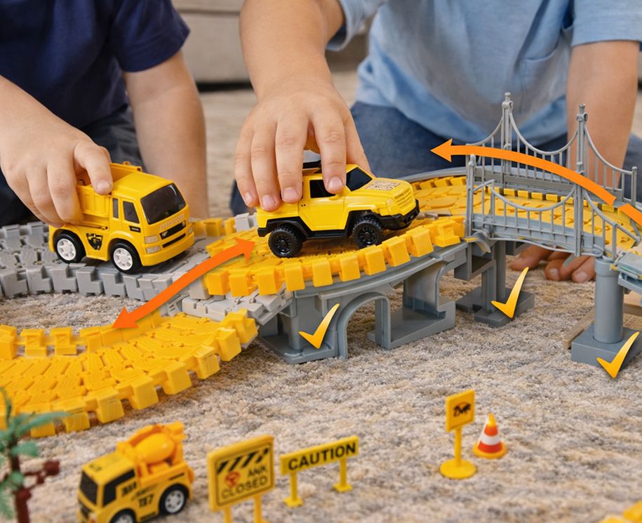 Construction Track Set 345 pcs for kids ages 3–10 – creative construction playset with flexible tracks, crane, and 4 construction vehicles for endless city-building fun. Encourages STEM learning, hand-eye coordination, imagination, and hours of screen-free independent play with safe non-toxic materials.