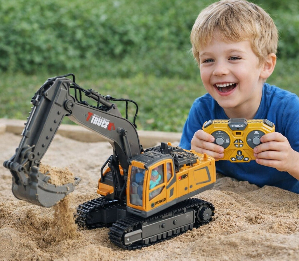 RC Digger Excavator 1:20 for kids ages 3–10 – realistic remote control excavator with 15-channel control, 680° rotating cab, lights, steam effects, and durable metal bucket. Encourages motor skills, creativity, and hours of screen-free construction play.