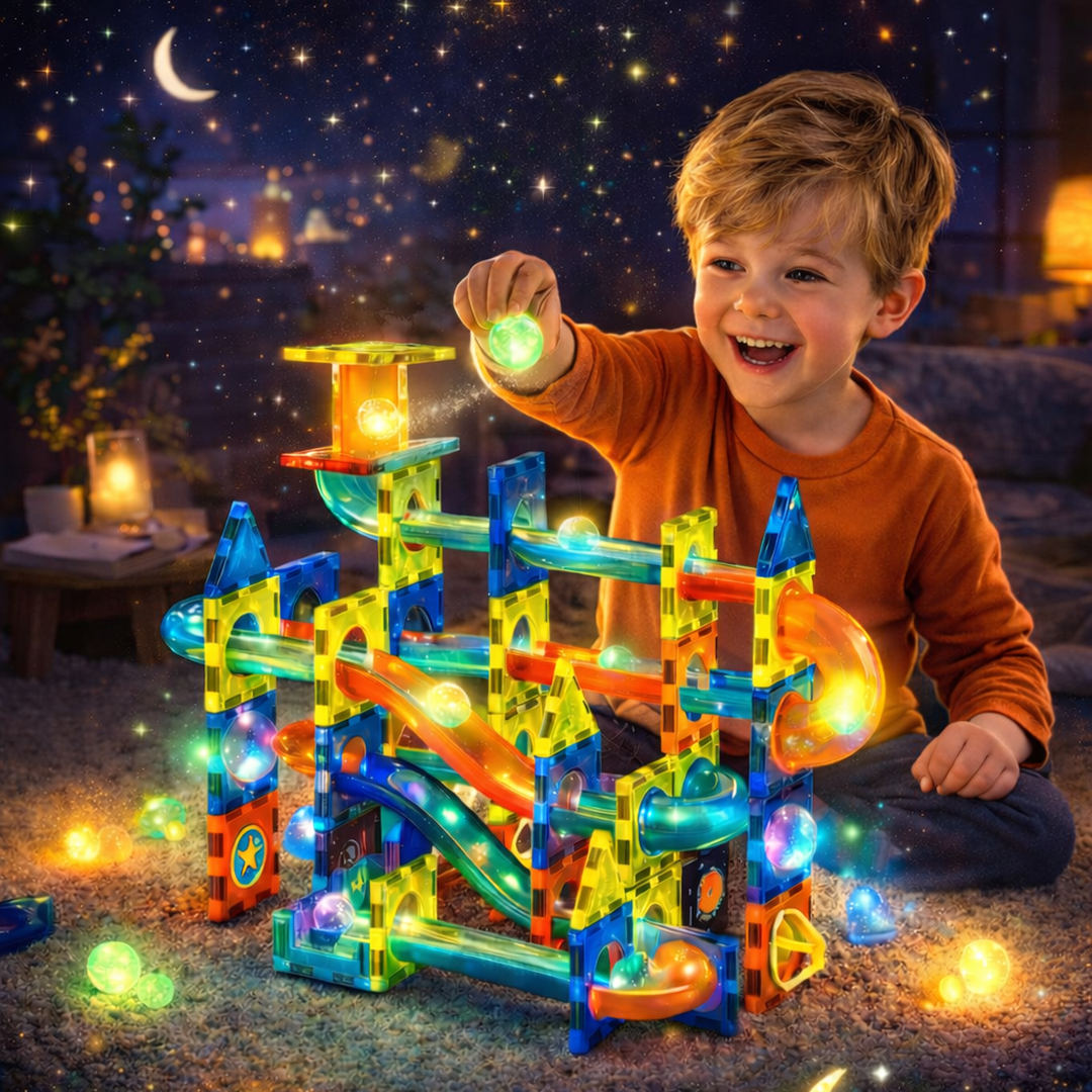 Glow STEM Magnetic Tiles 110 pcs for kids ages 3–10 – glowing magnetic marble run set with backlit tracks and transparent pieces for building dynamic structures. Encourages STEM learning, physics understanding, spatial thinking, and screen-free focused play with safe non-toxic materials.