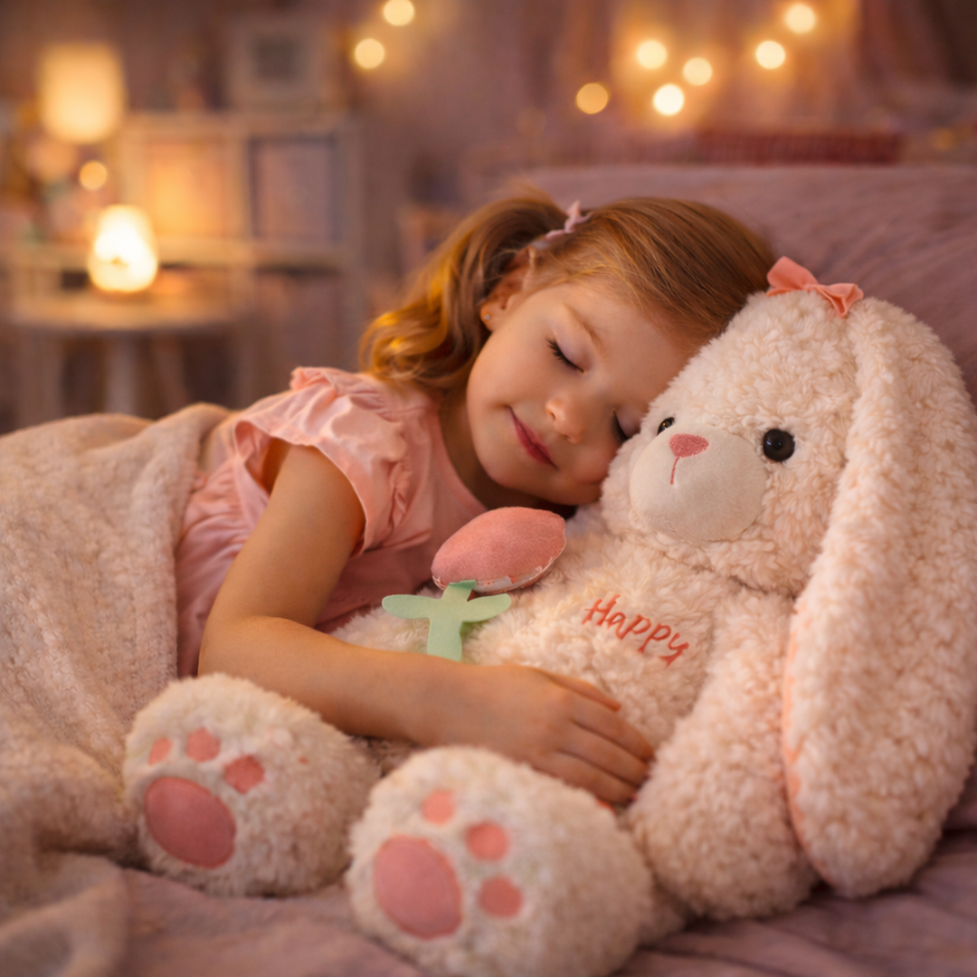 Plush Bunny 14 inch for kids ages 3–10 – ultra-soft stuffed bunny designed for comfort, sleep support, and emotional security at home or on the go. Encourages calmness, relaxation, and a sense of safety with safe non-toxic materials and a timeless nursery design.