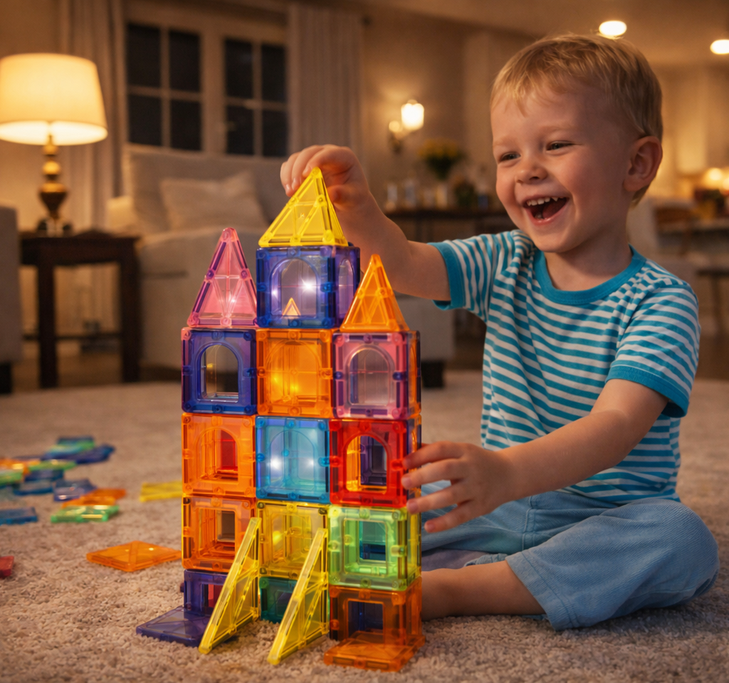 STEM Magnetic Tiles Set 100 pcs for kids ages 3–10 – magnetic building construction set for creating towers, castles, and 3D structures with strong colorful tiles. Supports STEM learning, geometry skills, creativity, and screen-free focused play with safe non-toxic materials.