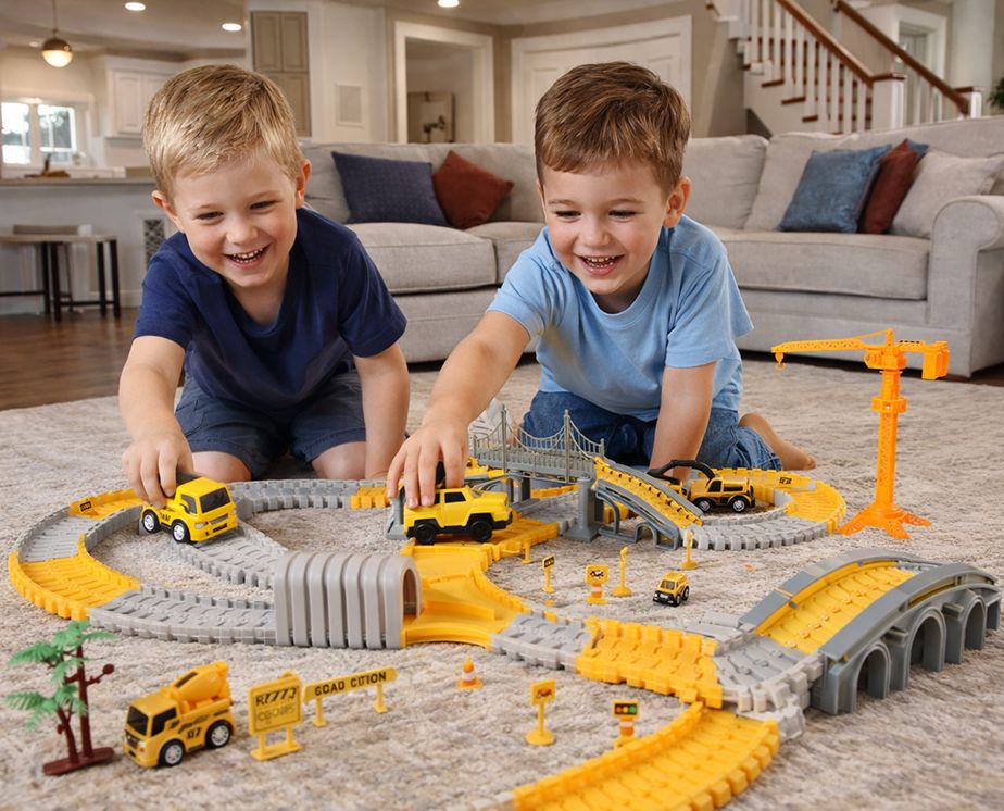 Construction Track Set 345 pcs for kids ages 3–10 – creative construction playset with flexible tracks, crane, and 4 construction vehicles for endless city-building fun. Encourages STEM learning, hand-eye coordination, imagination, and hours of screen-free independent play with safe non-toxic materials.