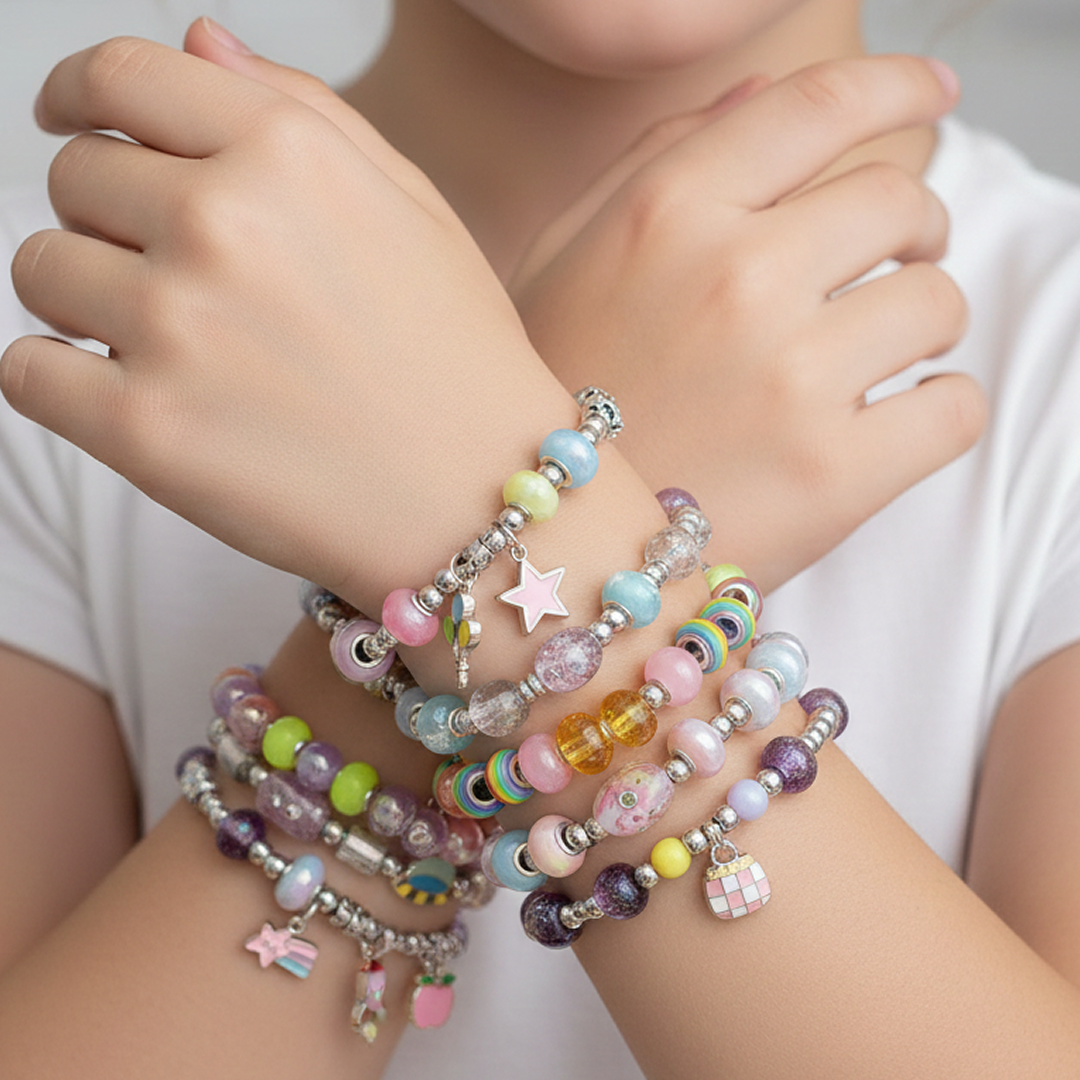DIY Jewelry Kit 104 pcs for kids ages 6–10 – creative jewelry making set with beads, charms, and a heart mirror for designing unique wearable accessories. Encourages creativity, focus, fine motor skills, and screen-free independent play with safe non-toxic materials.