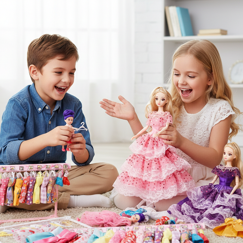 Fashion Doll Wardrobe Dresses 24 pcs for kids ages 3–10 – fashion doll set with dolls, friends, and multiple dresses for endless styling and outfit combinations. Encourages creativity, fine motor skills, aesthetic sense, and screen-free imaginative fashion play with safe non-toxic materials.