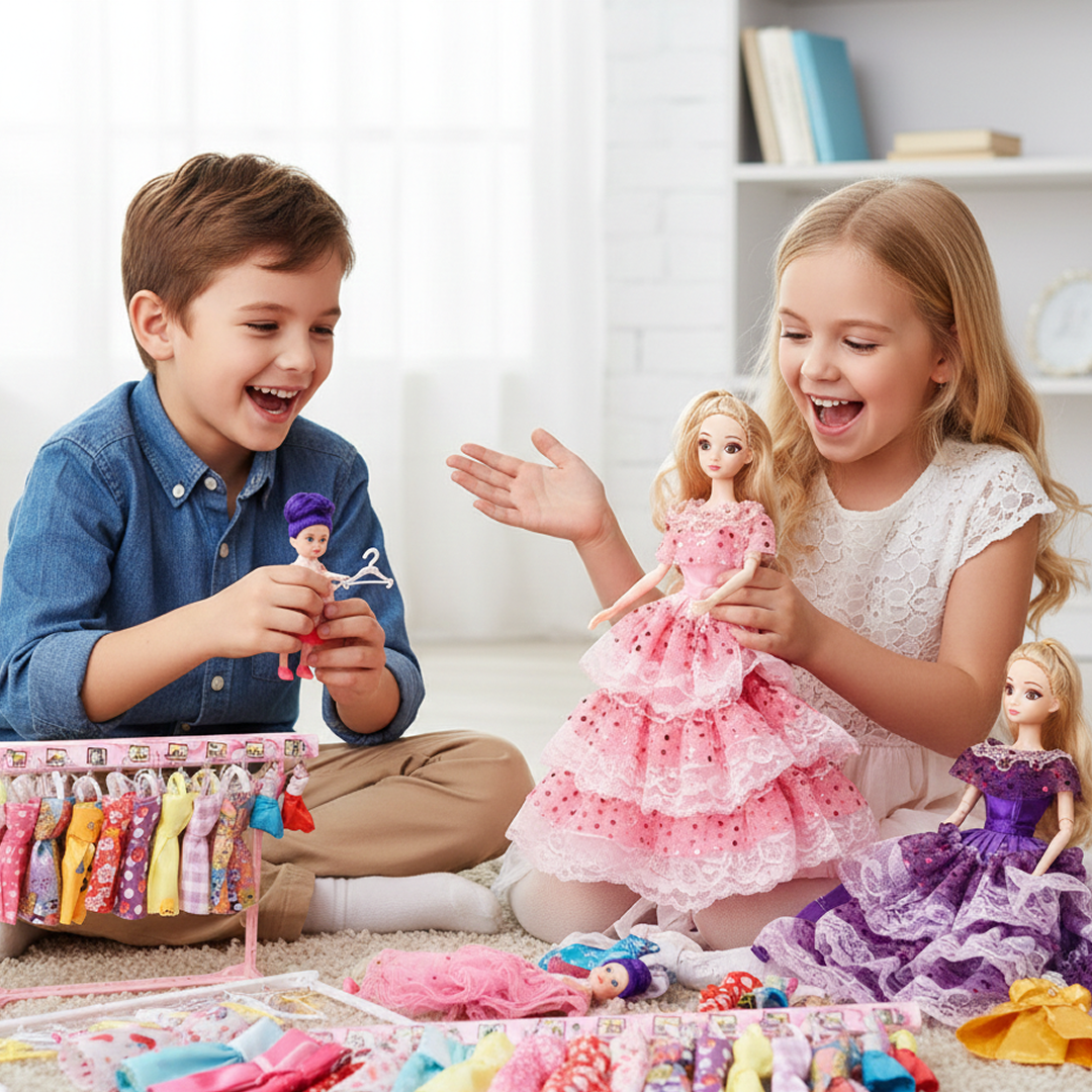 Fashion Doll Wardrobe Dresses 24 pcs for kids ages 3–10 – fashion doll set with dolls, friends, and multiple dresses for endless styling and outfit combinations. Encourages creativity, fine motor skills, aesthetic sense, and screen-free imaginative fashion play with safe non-toxic materials.