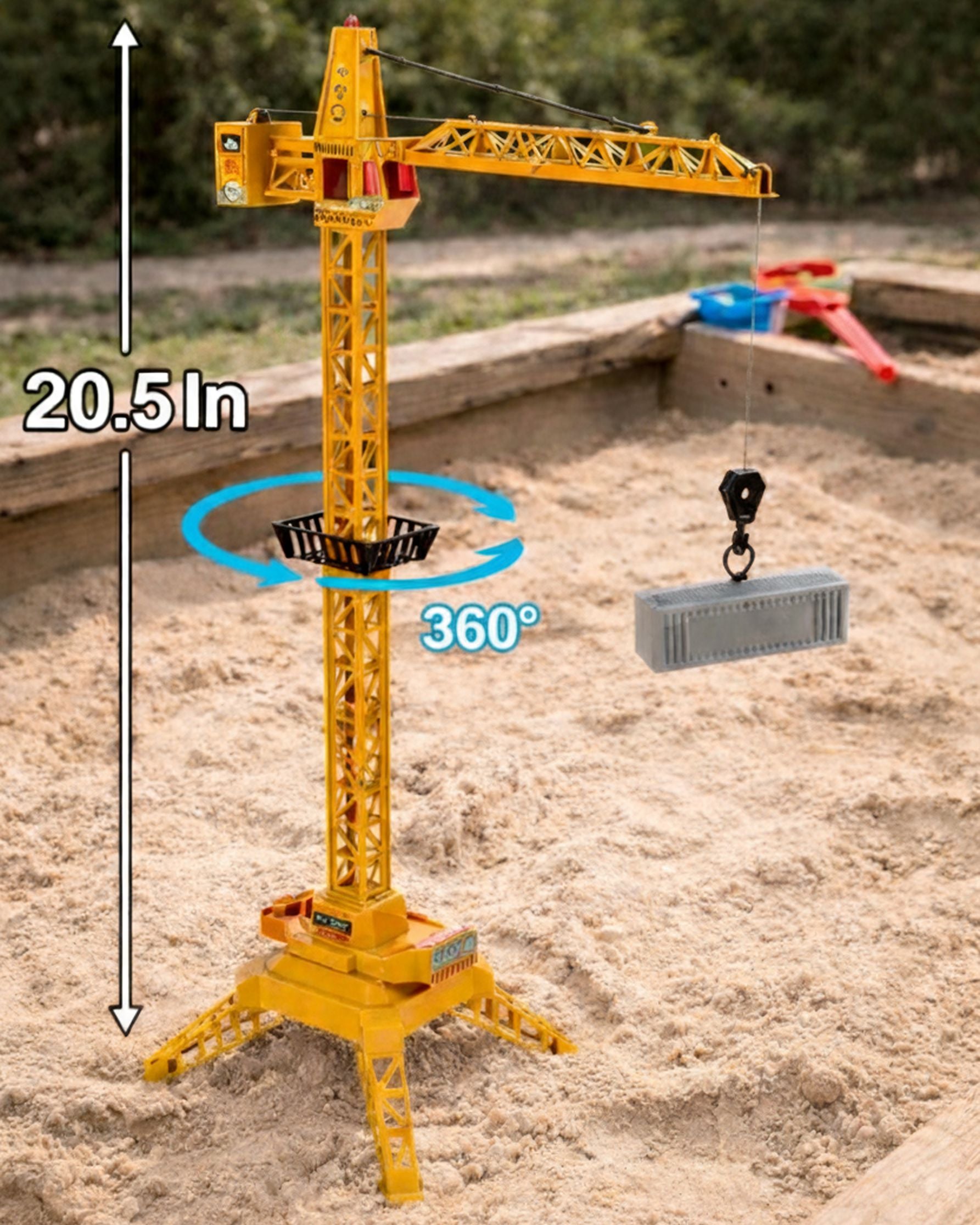 RC Construction Crane 360° for kids ages 3–10 – realistic remote control crane with 360° rotating platform, motorized lifting hook, lights, and construction sound effects. Encourages creativity, focus, motor skills, and hours of screen-free engineering play with safe non-toxic materials