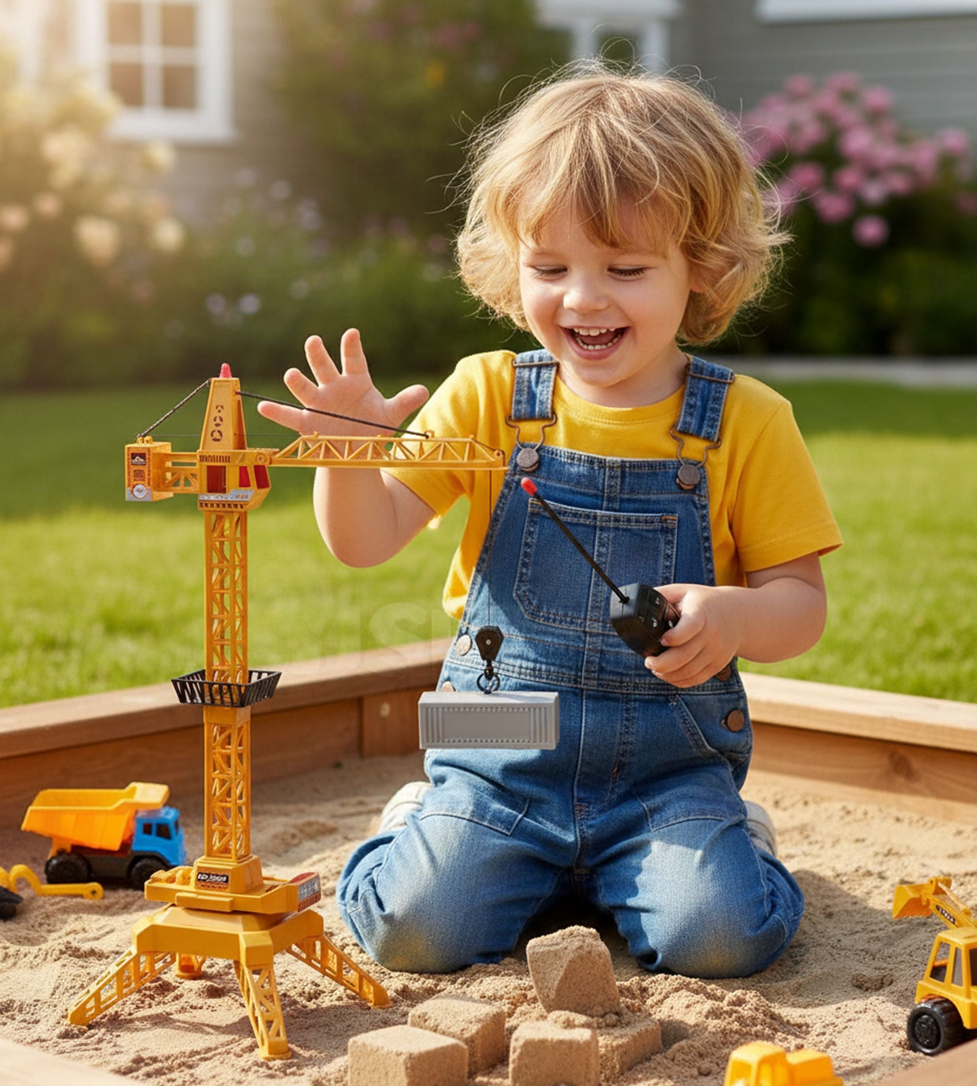 RC Construction Crane 360° for kids ages 3–10 – realistic remote control crane with 360° rotating platform, motorized lifting hook, lights, and construction sound effects. Encourages creativity, focus, motor skills, and hours of screen-free engineering play with safe non-toxic materials