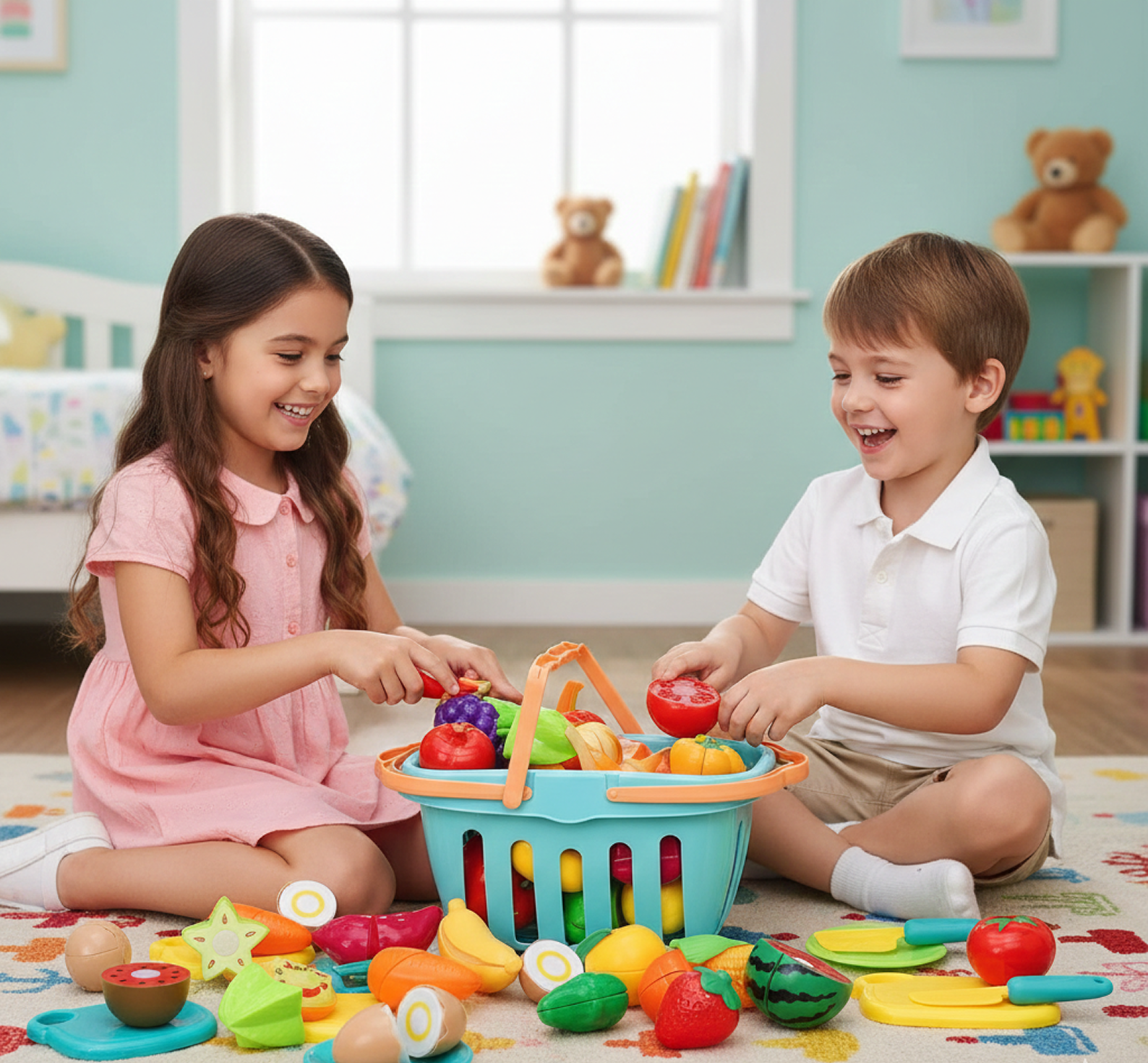 Food Basket Toy 33 pcs for kids ages 3–10 – realistic pretend food set with fruits, vegetables, and slicing accessories for interactive kitchen role-play. Encourages creativity, fine motor skills, coordination, and screen-free imaginative play with safe non-toxic materials.