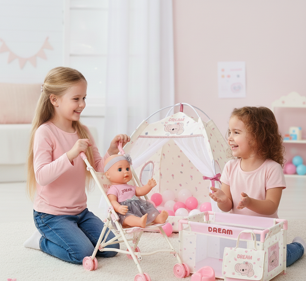 Doll Nursery Playset Pink for kids ages 3–10 – all-in-one doll care set with stroller, crib, high chair, and accessories for realistic nurturing play. Encourages empathy, imagination, and social development through screen-free roleplay with safe non-toxic materials.