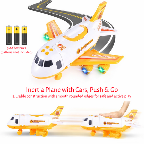 Airplane Playset with 3 Cars for kids ages 3–10 – interactive aviation playset with transport airplane, metal vehicles, road signs, LED lights, and sound effects for immersive role-play. Encourages STEM learning, spatial thinking, creativity, and screen-free independent play with safe non-toxic materials.