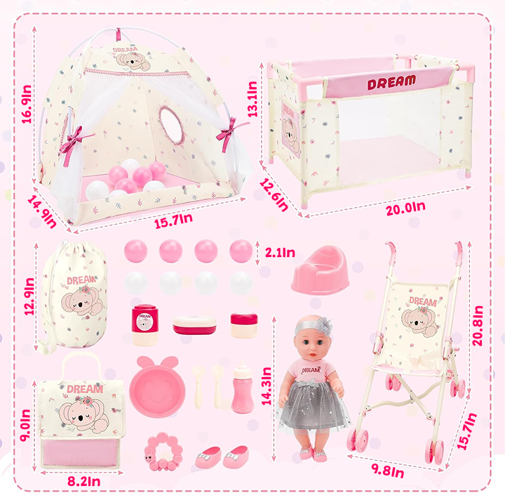 Doll Nursery Playset Pink for kids ages 3–10 – all-in-one doll care set with stroller, crib, high chair, and accessories for realistic nurturing play. Encourages empathy, imagination, and social development through screen-free roleplay with safe non-toxic materials.
