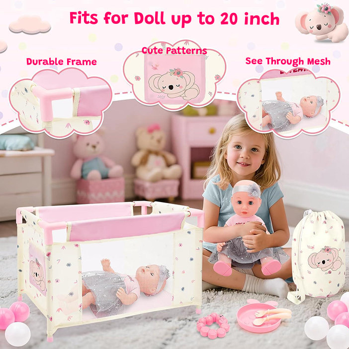 Doll Nursery Playset Pink for kids ages 3–10 – all-in-one doll care set with stroller, crib, high chair, and accessories for realistic nurturing play. Encourages empathy, imagination, and social development through screen-free roleplay with safe non-toxic materials.