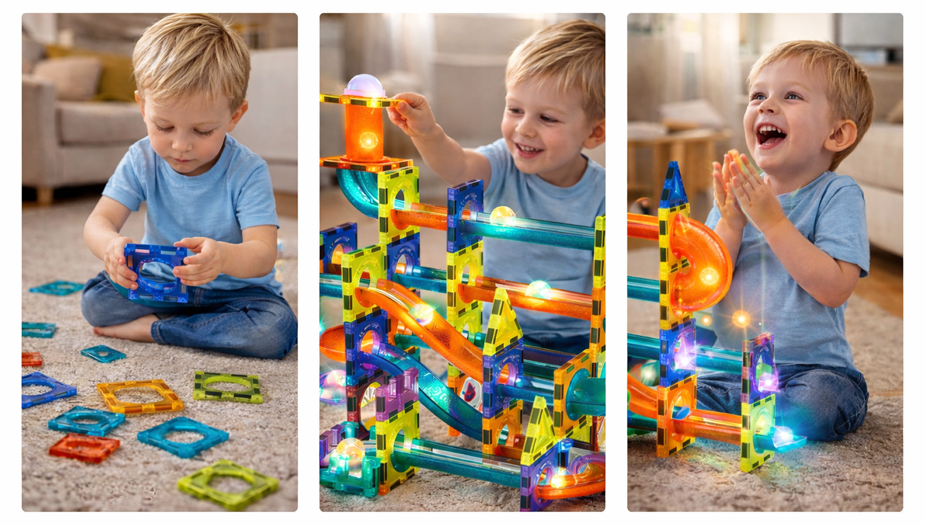 Glow STEM Magnetic Tiles 110 pcs for kids ages 3–10 – glowing magnetic marble run set with backlit tracks and transparent pieces for building dynamic structures. Encourages STEM learning, physics understanding, spatial thinking, and screen-free focused play with safe non-toxic materials.