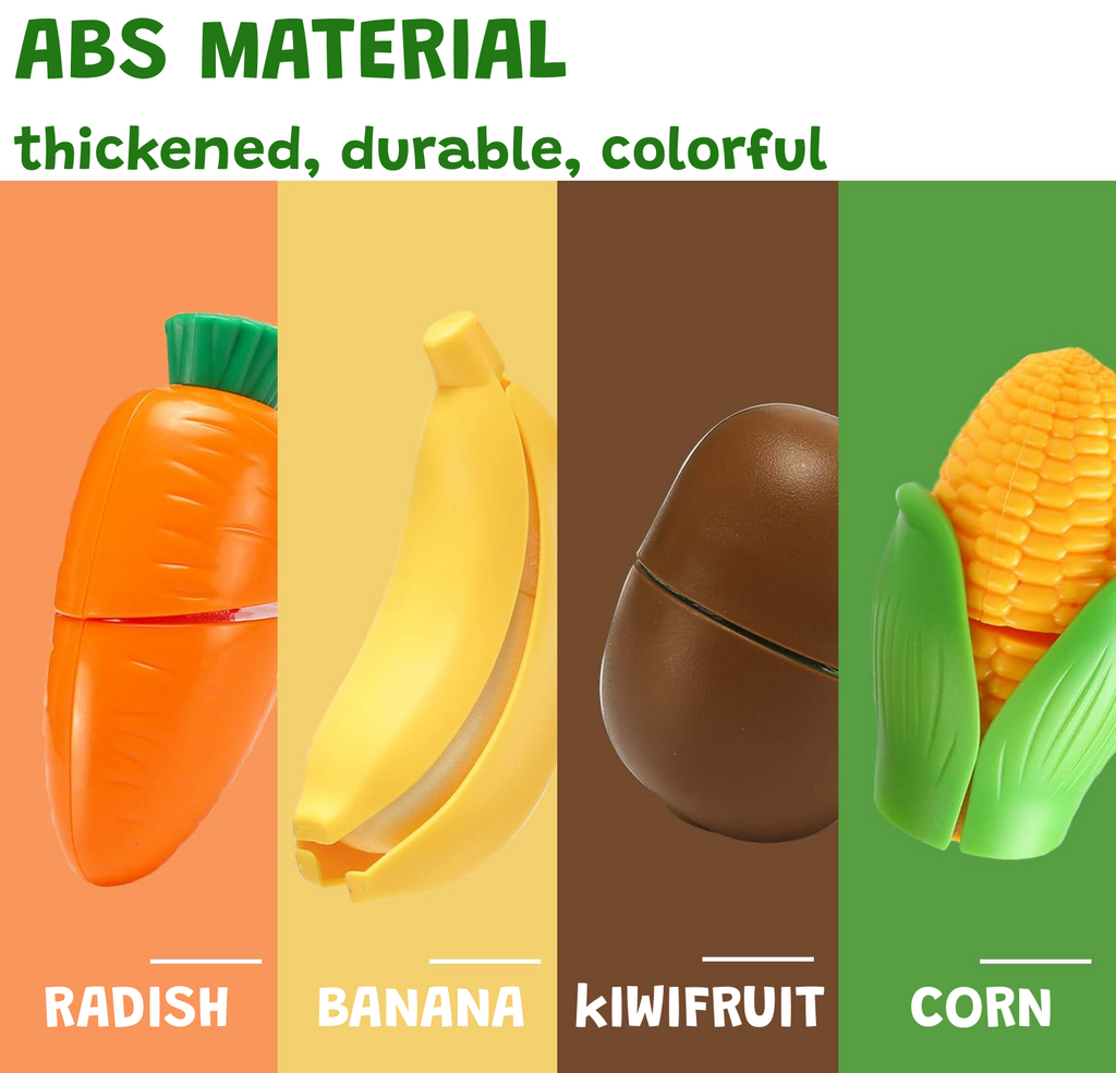 Food Basket Toy 33 pcs for kids ages 3–10 – realistic pretend food set with fruits, vegetables, and slicing accessories for interactive kitchen role-play. Encourages creativity, fine motor skills, coordination, and screen-free imaginative play with safe non-toxic materials.