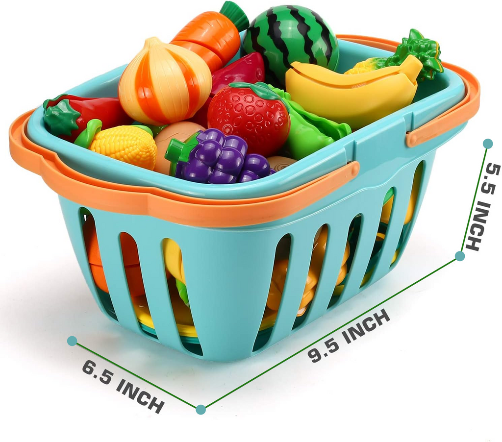 Food Basket Toy 33 pcs for kids ages 3–10 – realistic pretend food set with fruits, vegetables, and slicing accessories for interactive kitchen role-play. Encourages creativity, fine motor skills, coordination, and screen-free imaginative play with safe non-toxic materials.
