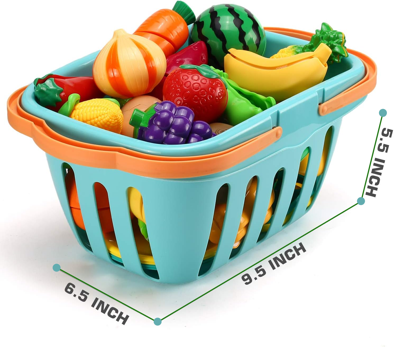 Food Basket Toy 33 pcs for kids ages 3–10 – realistic pretend food set with fruits, vegetables, and slicing accessories for interactive kitchen role-play. Encourages creativity, fine motor skills, coordination, and screen-free imaginative play with safe non-toxic materials.