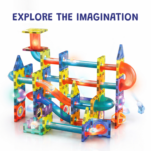 Glow STEM Magnetic Tiles 110 pcs for kids ages 3–10 – glowing magnetic marble run set with backlit tracks and transparent pieces for building dynamic structures. Encourages STEM learning, physics understanding, spatial thinking, and screen-free focused play with safe non-toxic materials.