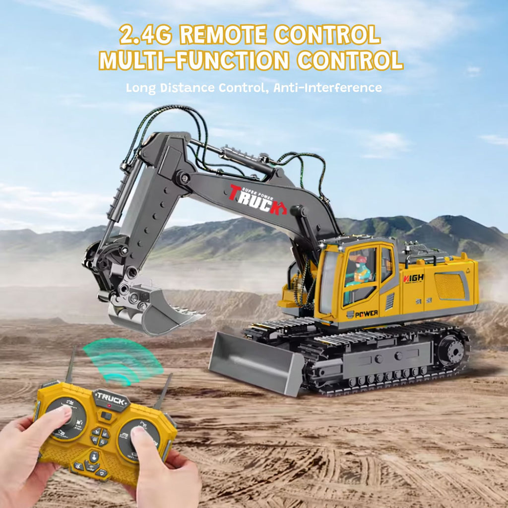 RC Digger Excavator 1:20 for kids ages 3–10 – realistic remote control excavator with 15-channel control, 680° rotating cab, lights, steam effects, and durable metal bucket. Encourages motor skills, creativity, and hours of screen-free construction play.