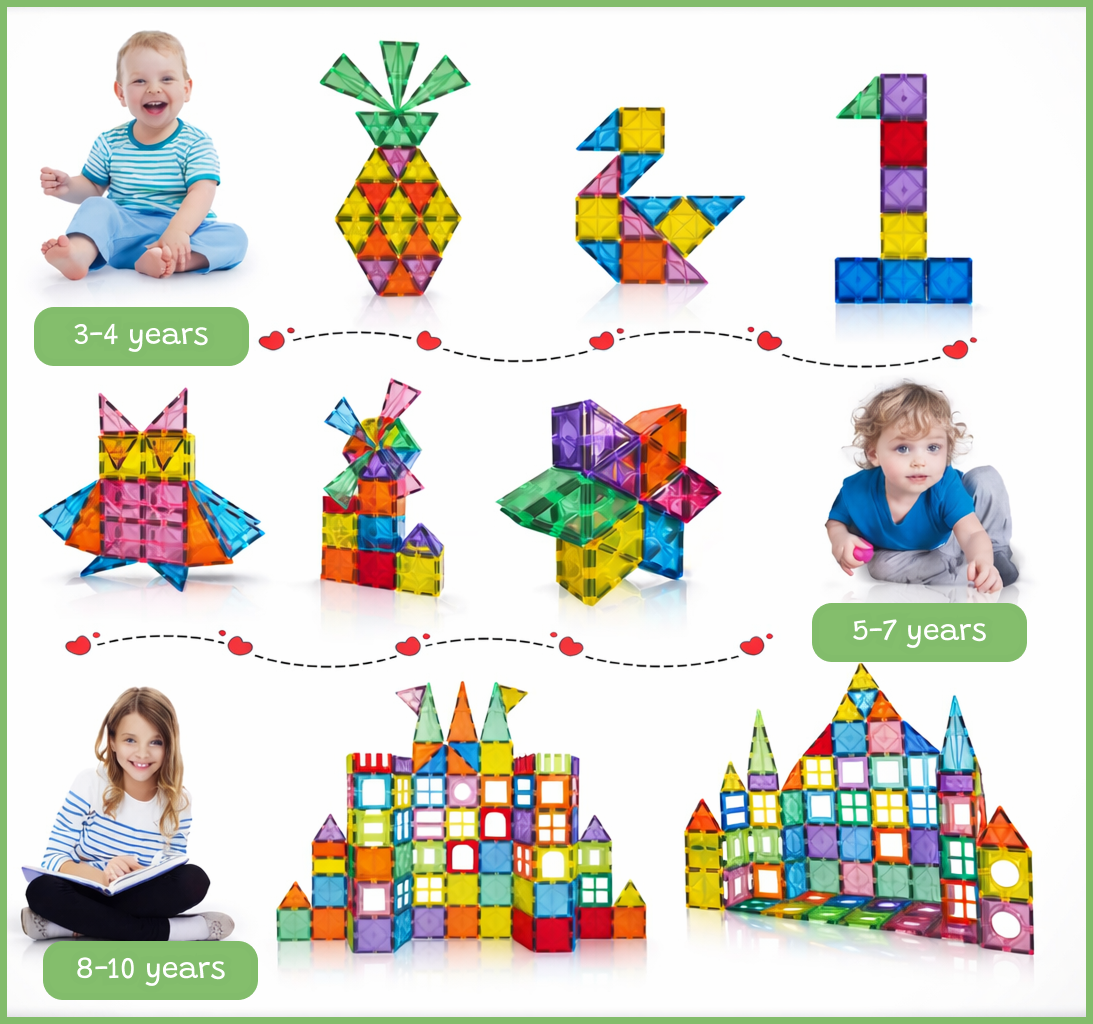 STEM Magnetic Tiles Set 100 pcs for kids ages 3–10 – magnetic building construction set for creating towers, castles, and 3D structures with strong colorful tiles. Supports STEM learning, geometry skills, creativity, and screen-free focused play with safe non-toxic materials.