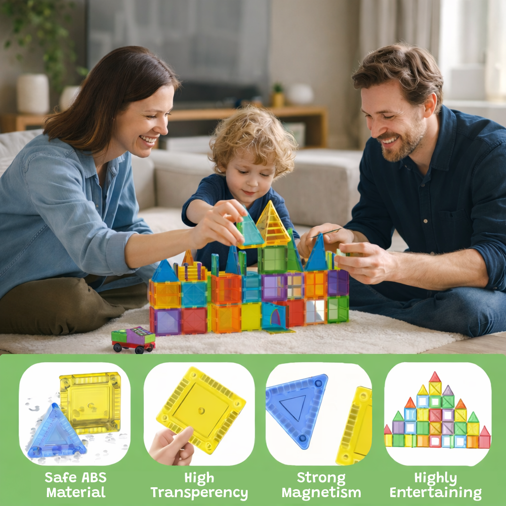 STEM Magnetic Tiles Set 100 pcs for kids ages 3–10 – magnetic building construction set for creating towers, castles, and 3D structures with strong colorful tiles. Supports STEM learning, geometry skills, creativity, and screen-free focused play with safe non-toxic materials.