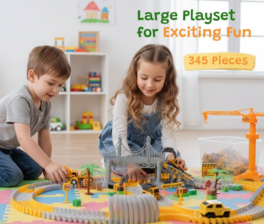 Construction Track Set 345 pcs for kids ages 3–10 – creative construction playset with flexible tracks, crane, and 4 construction vehicles for endless city-building fun. Encourages STEM learning, hand-eye coordination, imagination, and hours of screen-free independent play with safe non-toxic materials.