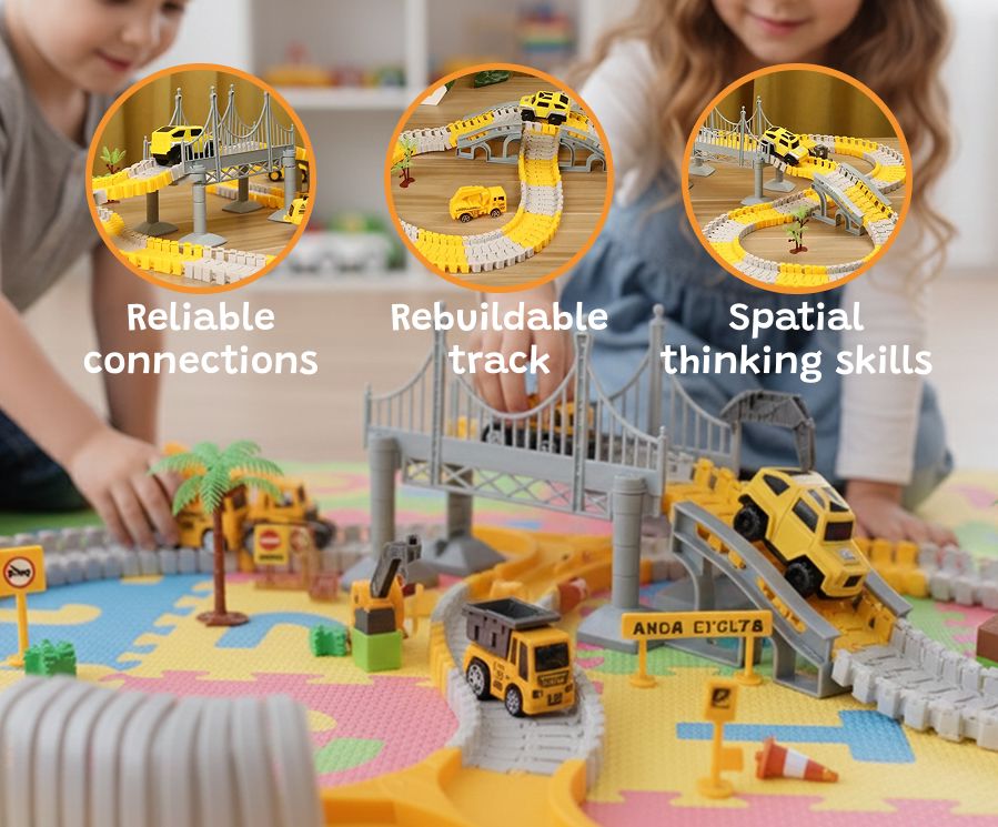Construction Track Set 345 pcs for kids ages 3–10 – creative construction playset with flexible tracks, crane, and 4 construction vehicles for endless city-building fun. Encourages STEM learning, hand-eye coordination, imagination, and hours of screen-free independent play with safe non-toxic materials.