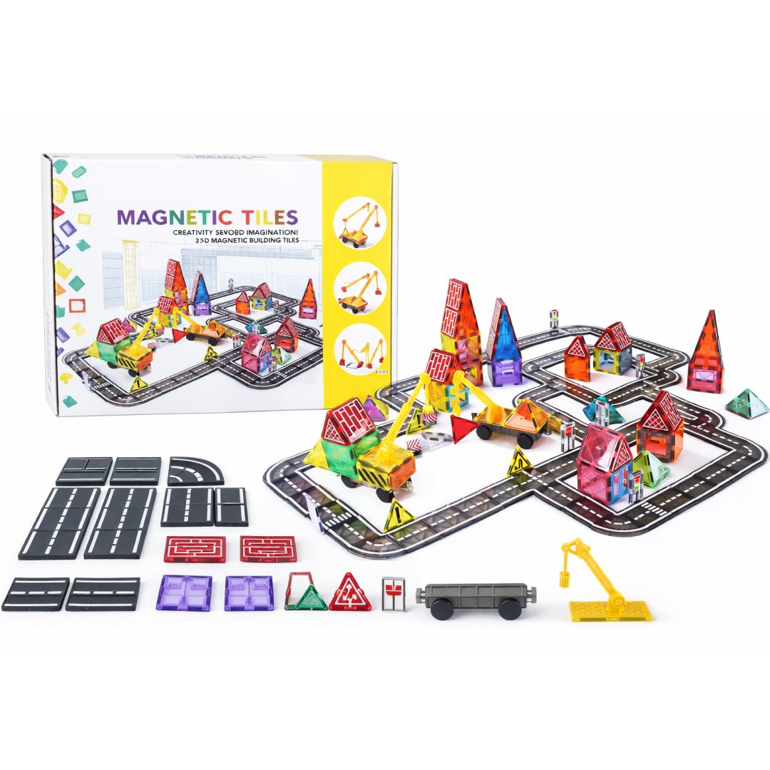 STEM Magnetic Race Track Set 70 pcs for kids ages 3–10 – magnetic building set for creating race tracks, vehicles, and town structures with snap-together blocks. Encourages STEM learning, spatial thinking, fine motor skills, and screen-free focused play with safe non-toxic materials