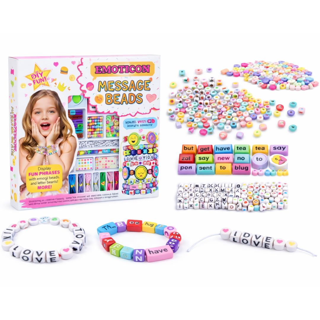 Emoji Bracelet Kit 220 pcs for kids ages 6–10 – creative jewelry making set with emoji beads, word charms, and bracelet accessories for endless DIY designs. Encourages creativity, focus, fine motor skills, and screen-free self-expression with safe non-toxic materials.